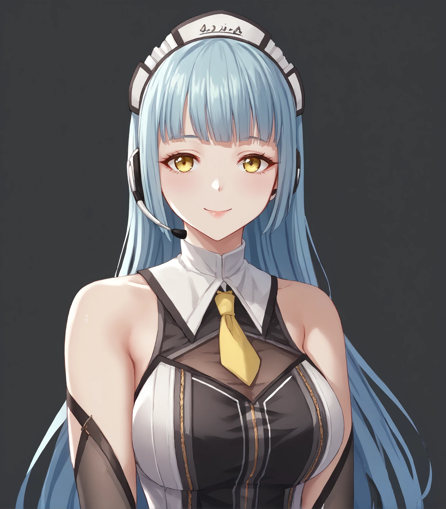 score_9, score_8_up, score_7_up, score_6_up, score_5_up, score_4_up, BREAK source_anime,
1girl, solo, <lora:RisetteTwiningsKai:0.9>, Risette Twinings, yellow eyes, blue hair, long hair, blunt bangs, large breasts, maid headdress, headset, yellow necktie,  sleeveless dress, elbow gloves, garter straps, black thighhighs, white shoes, high heels,,   
upper body, portrait,, looking at viewer, smile,
 simple background, black background,
<lora:pottsness_style_xl:0.8>, <lora:rhasta:0.6>,