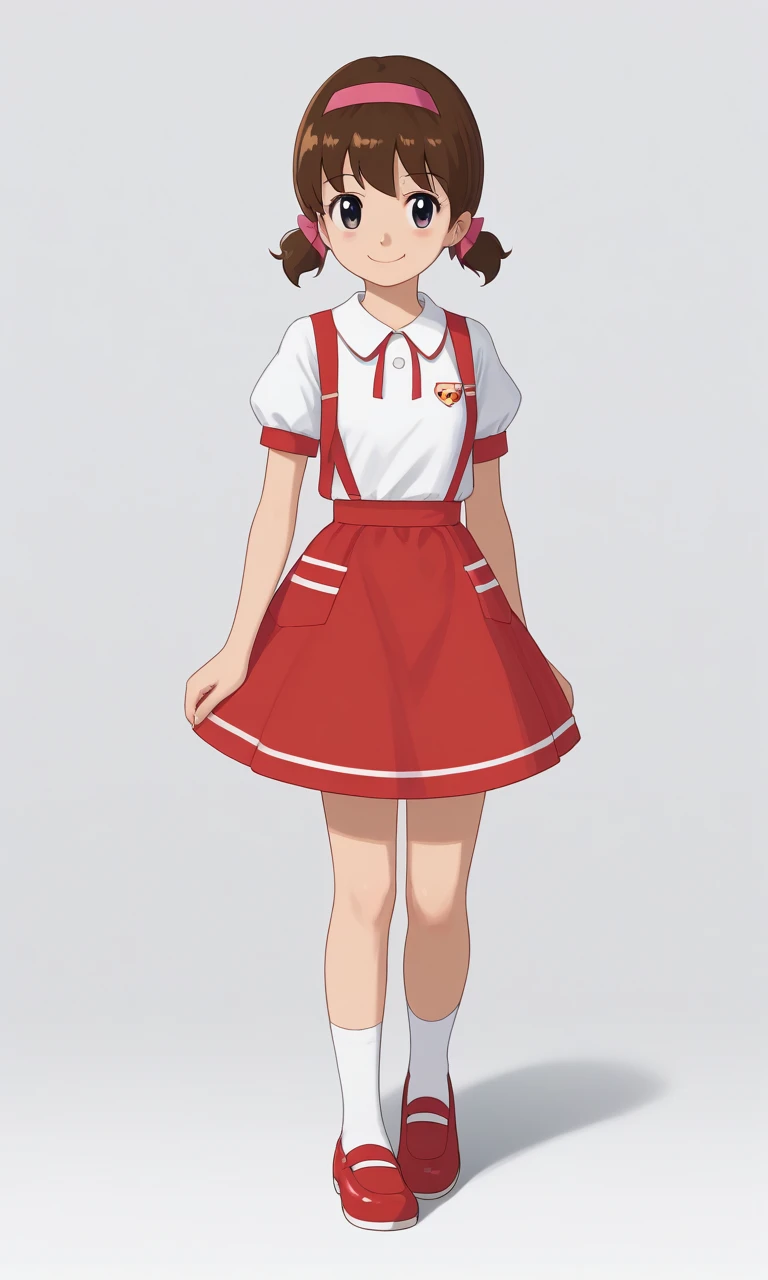 1girl, solo, Akko-chan, brown hair, hairband, black eyes, twintails, short twintails, short sleeves, white socks, red shoes, smile, full body, standing, front view,