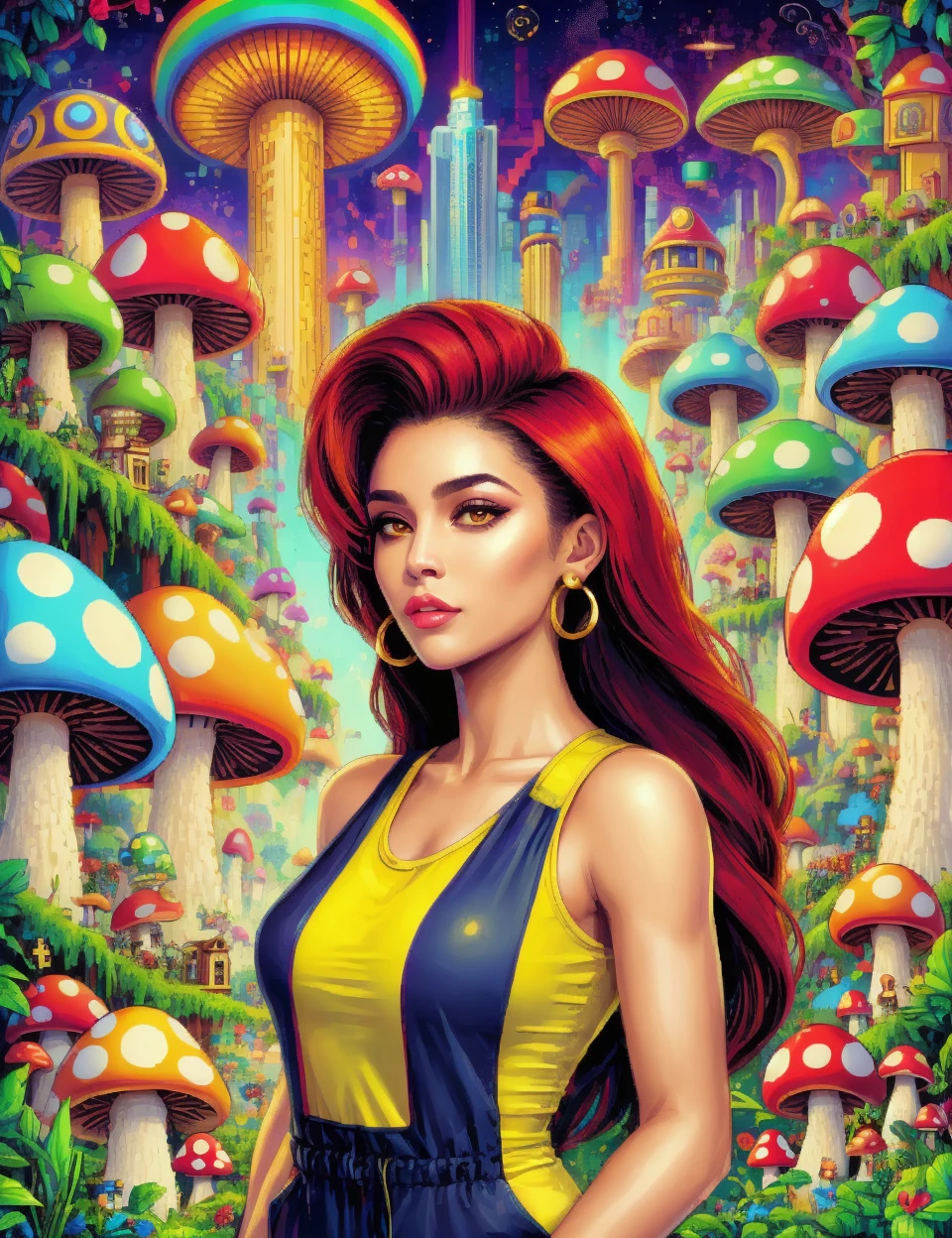 DonMShr00mK1ngd0mXL mushroom city, female ageless, well-defined, african, golden eyes, upswept ears, hawk-like nose, blunt jaw, angular cheeks, oblong face shape, expressive fingers, , red long and straight hair, hope wearing jumpsuit, tank top, daypack , head tilted to the side, indicating thoughtfulness, <lora:DonMShr00mK1ngd0m-000008:0.6>