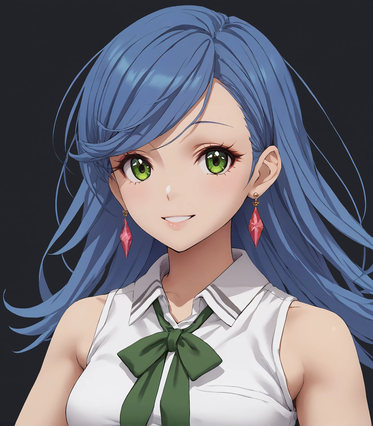 score_9, score_8_up, score_7_up, score_6_up, score_5_up, score_4_up, BREAK source_anime,
1girl, solo, <lora:Lila:0.9>, Lila, blue hair, long hair, swept bangs, green eyes, medium breasts,  white top, sleeveless shirt, grey pants, green neckwear, brown shoes, crystal earrings,,  
upper body, portrait,, looking at viewer, smile,
 simple background, black background, standing,
<lora:MeMaXL_V3:0.6>, <lora:rhasta:0.7>, <lora:piromizu_2:0.7>,