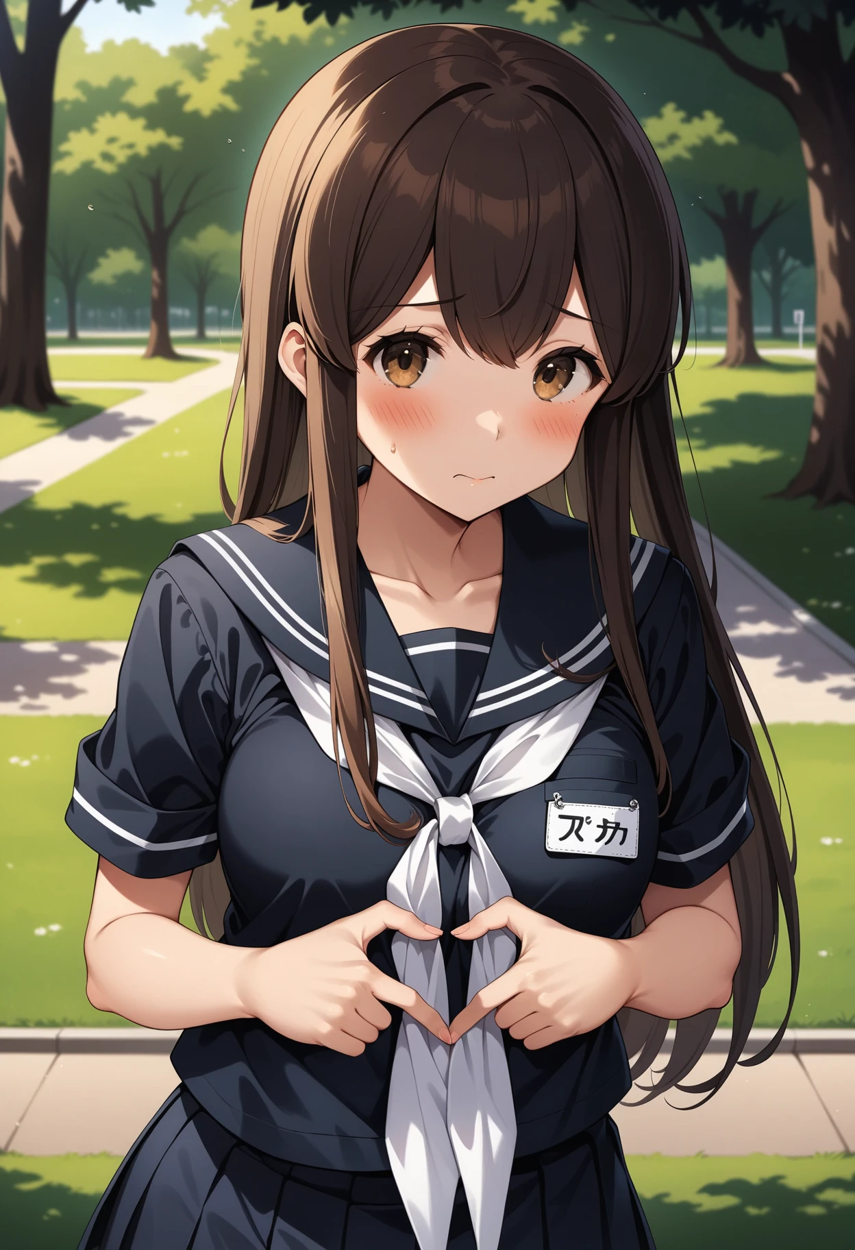 (masterpiece, best quality, very aesthetic, ultra detailed), intricate details, 4k, aaakagi, long hair, brown hair, brown eyes, black serafuku, black sailor collar, white neckerchief, black shirt, name tag, short sleeves, pleated skirt, black skirt, <lora:akagi_(kancolle)_animagine_v1:0.9>, park, standing, cowboy shot, embarrassed, blush, heart hands,