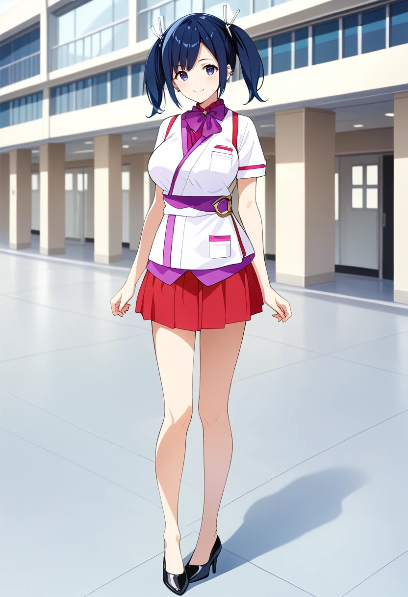 standing, solo, 1girl, airport, full body, large breasts, <lora:KC_04AC_souryuu_pony:1> souryuukc, blue hair, short twintails, blue eyes, hair ribbon, white ribbon,     hiryuuCAkc, shirt_scarf_skirt, purple neckerchief, white apron, red tasuki, short sleeves, white shirt, obi, pleated skirt, red skirt, bare legs, black heels, score_9,score_8_up, score_7_up, source_anime, masterpiece, best quality,  official art, official style, game cg, megami magazine, rating_safe, rating_questionable, <lora:Fixhands_anime_bdsqlsz_V1:0.75>, NEGATIVE_HANDS