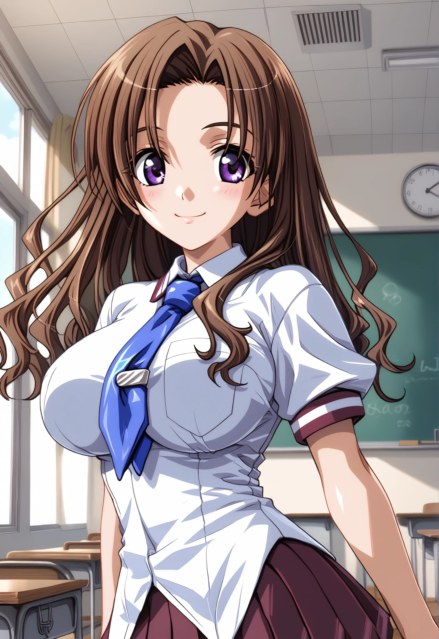 score_9, score_8_up, score_7_up, source_anime, shiny skin, shiny hair, 1girl, solo, indoors, classroom, <lora:ShizutanishionPony_V10:0.9> ShizutanishionPony, long hair,brown hair,wavy hair, purple eyes, large breasts, sexy, glamor, school uniform, blue necktie, white shirt, anime screencap, dutch angle, looking at viewer, smile, closed mouth, cowboy shot,
<lora:vivid_everclear:0.1> <lora:flat_sdxl:-0.4> <lora:Fixhands_anime_bdsqlsz_V1:1>