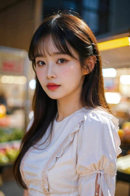 masterpiece, best quality, ultra-detailed, ultra high res, (photorealistic:1.4), raw photo, (realistic:0.2), 8k HDR, realistic lighting, looking at viewer, 1girl, solo, asymmetrical hair, outdoor, sky, (traditional market:1.2), bokeh, (detailed lips), (detailed pores), (detailed skin textures), (detailed face:1.2), (body:1.2), a woman in a victorian dress, bodice, lace, cowboy shot,