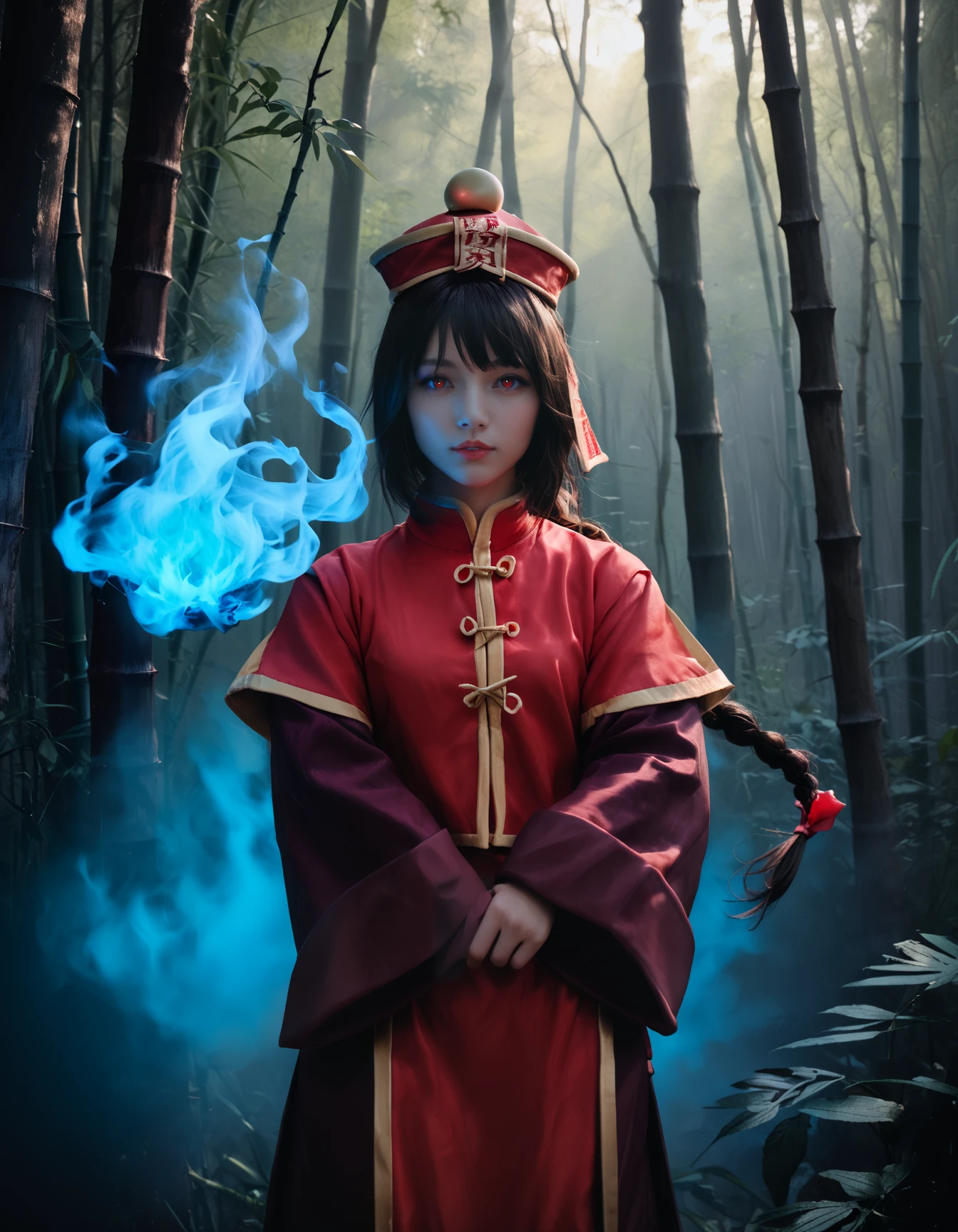 score_9, score_8_up, score_7_up, realistic lighting, realistic, photorealistic,  MUN4K, 
1girl, looking at viewer, standing, expressionless, cowboy shot,
brown hair, single braid, long hair, red eyes, jiangshi, qing guanmao, wide sleeves, sleeves past wrists, ofuda,
dark bamboo forest, (night), floating balls of blue fire, dark background,