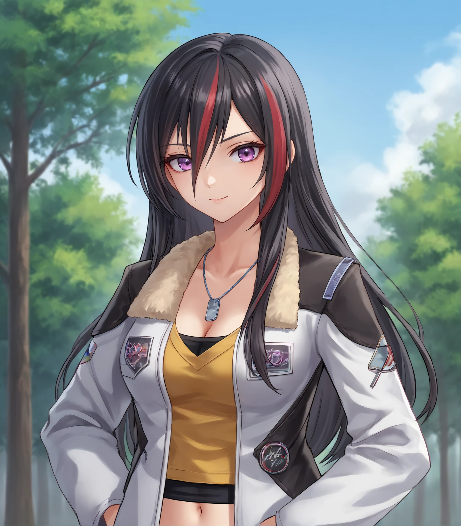 score_9, score_8_up, score_7_up, score_6_up, score_5_up, score_4_up, BREAK source_anime,
1girl, solo,  upper body, portrait ,  looking at viewer, smile, outdoors, sky, trees,
<lora:Racoonkun_Artist_Style:0.6>, racoonsan 
 <lora:Hermes:0.9>, Hermes, black hair, streaked hair, red hair, long hair, purple eyes, medium breasts, white jacket, fur-trimmed jacket, long sleeves, dog tags, cleavage, yellow shirt, midriff, navel, jeans, white boots,