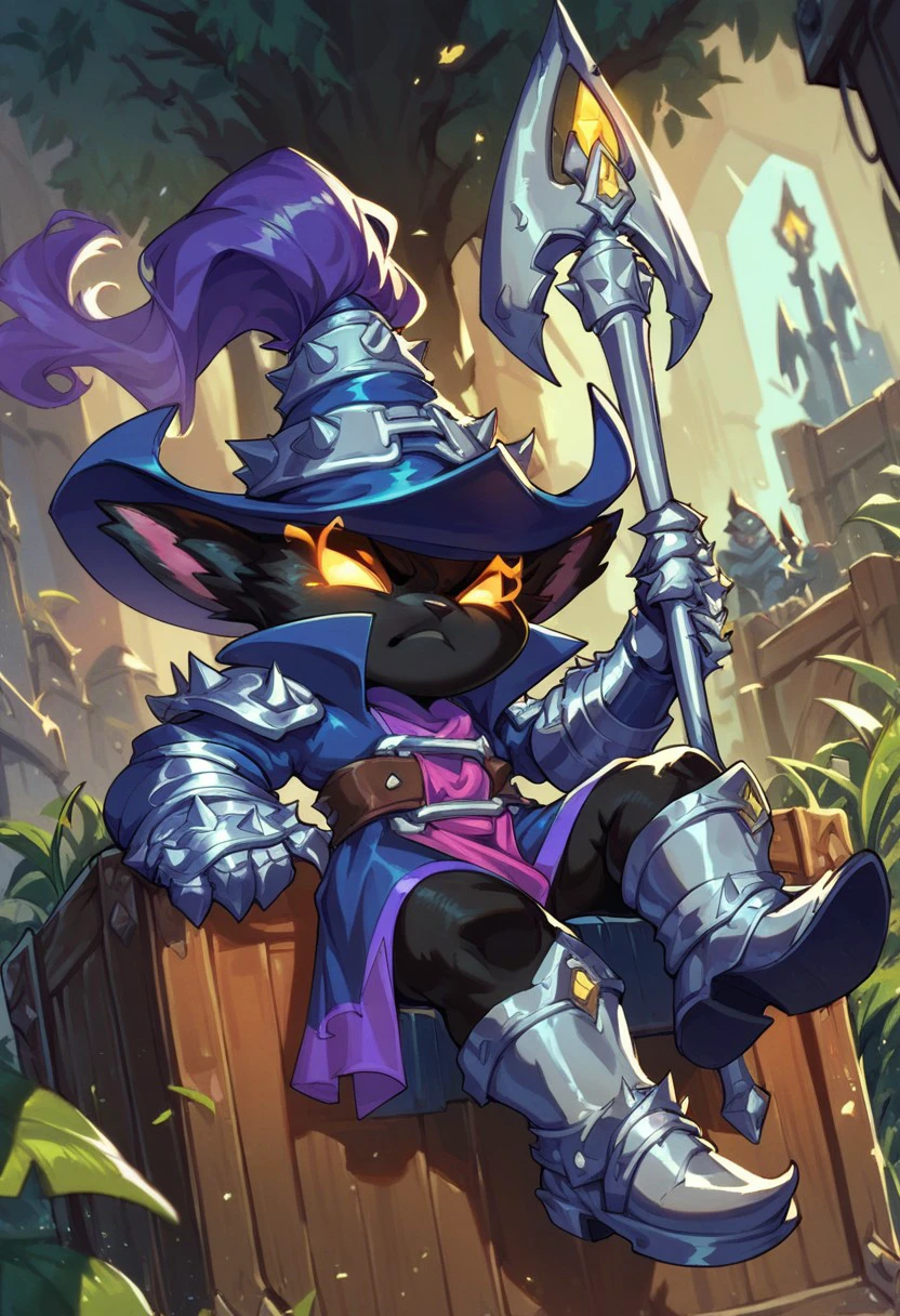 score_9, score_8_up, score_7_up, ultra quality, 1boy, yordle, shortstack, veigarxl, wizard mantle, mouthless, black fur, glowing eyes, gauntlets, sitting, on crate, green lush background, angry, boots, spiky, holding staff