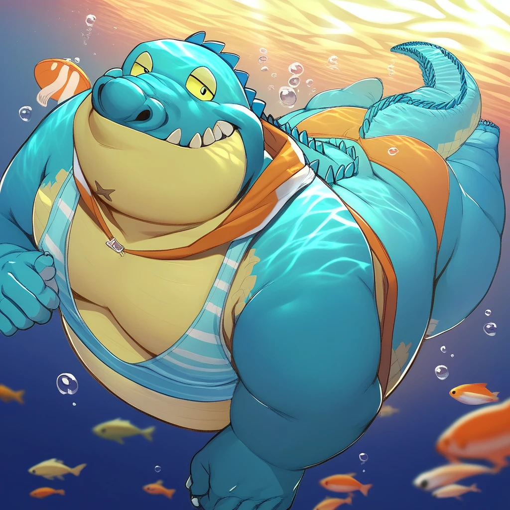 score_9, score_8_up, score_7_up, score_6_up, score_5_up, score_4_up, makara, housamo, blue and yellow skin, anthro, crocodile, fat, obese, five toes, yellow eyes, mens swimwear, swimming in the ocean, swimming, underwater background, looking at viewer,