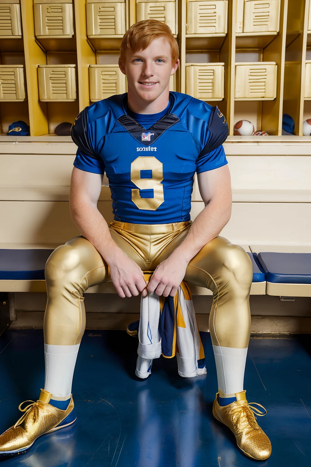 locker room, sitting on a bench, in front of lockers, slightly smiling, ginger hair,  CFReece is an (American football player), wearing (football uniform:1.3), (blue jersey:1.3), blue (shoulder pads), jersey number 90, (pale gold football pants:1.4), (blue socks:1.3), long socks, (black sneakers:1.3), (((full body portrait))), wide angle   <lora:CFReece:0.8>