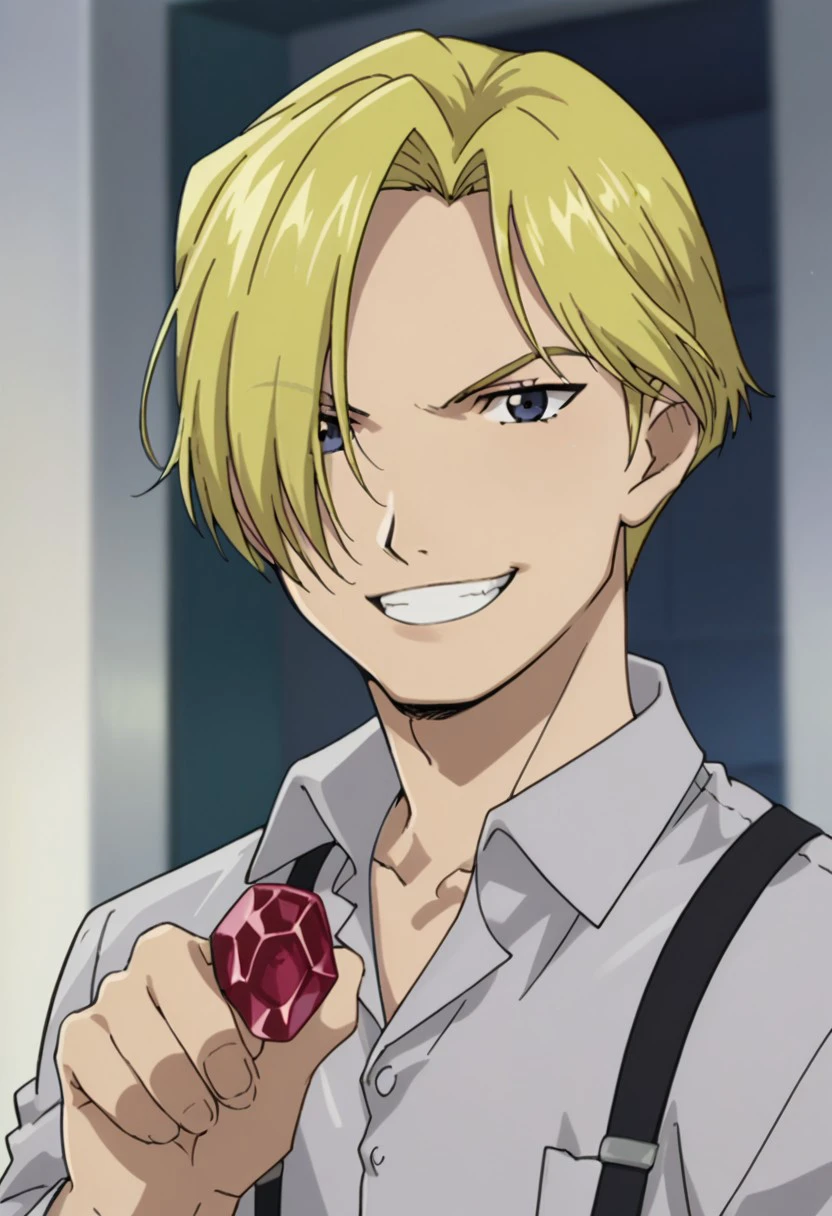 score_9, score_8_up, score_7_up, source_anime, highly detailed, 
russelltringham, 1boy, solo, male focus, blonde hair, blue eyes, smile, hair over one eye, grin,
holding, parody, looking at viewer, holding gem, red gem, upper body, suspenders, shirt, collared shirt,