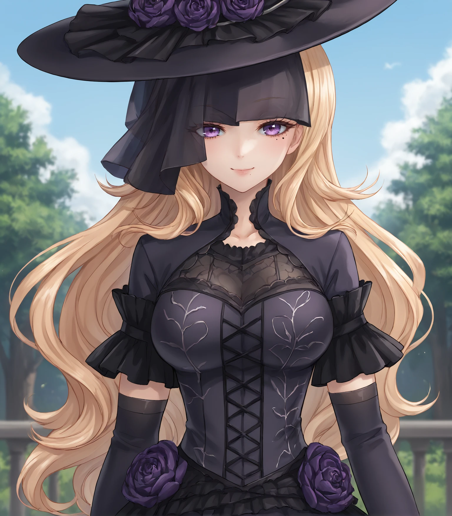 score_9, score_8_up, score_7_up, score_6_up, score_5_up, score_4_up, BREAK source_anime,
1girl, solo,  <lora:LucreziaIsselee:0.9>, Lucrezia Isselee, blonde hair, long hair, purple eyes, mole, black and purple dress, gothic dress, black hat, gothic hat, veil, black lace, black thighhighs, purple high heels,, 
upper body, portrait looking at viewer, smile, outdoors, sky, trees,
<lora:Racoonkun_Artist_Style:0.6>, racoonsan,,