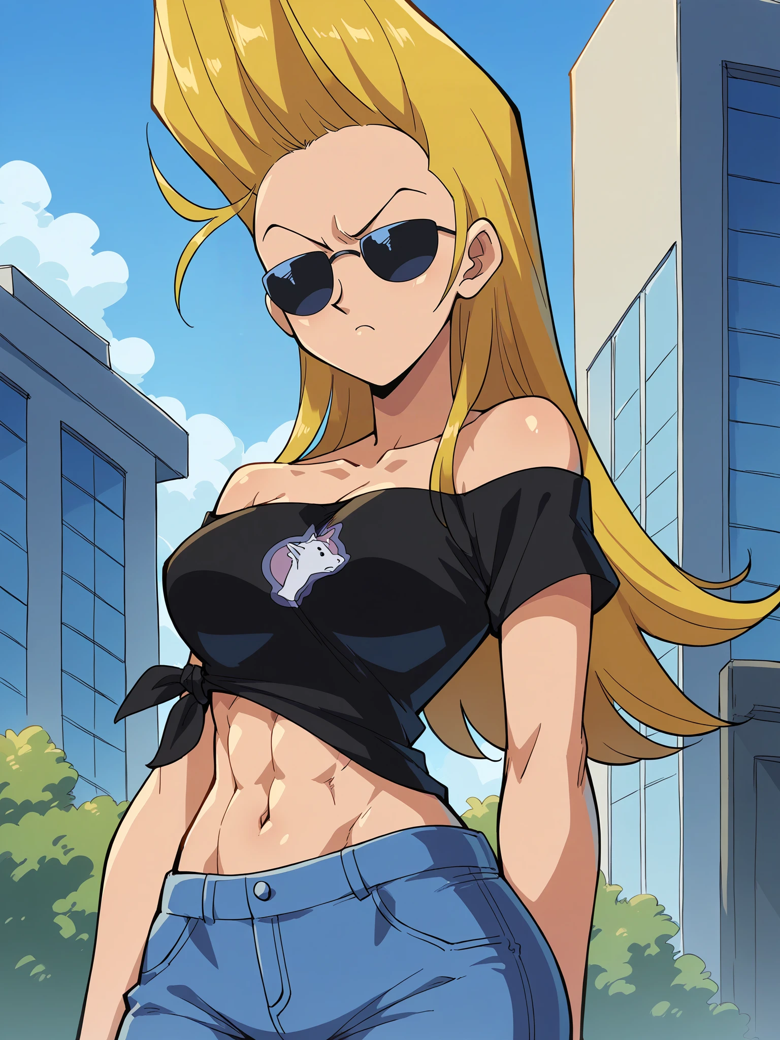 score_9, score_8_up, score_7_up, score_6_up, score_5_up, source_anime, smooth_anime,
Johnny_Bravo, 1girl, solo, breasts, blonde_hair, long_hair, sunglasses, navel, midriff, shirt,  pants, crop_top, off_shoulder, hair_slicked_back, black_shirt, toned, bare_shoulders, cowboy_shot, large_breasts, collarbone, wide_hips, day, groin, outdoors, casual, no_bra, off-shoulder_shirt, narrow_waist, building, hand_up, cropped_shirt, tight, frown, jeans, thighs, t-shirt, abs, standing, animal_print, :<, stomach, forehead, blue_sky, lowleg_pants, closed_mouth, denim
<lora:Johnny_Bravo:1> <lora:Yugioh_Duel_Monsters:.65>