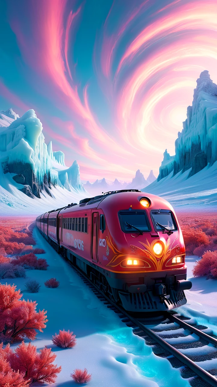 octane render, landscape of a Polar Ice and Sparse Train, very 1700'S and Dynamic, natural lighting, 35mm, Infrared, imposing, extremely rich detail, complimentary colors, background inspired, highly detailed, highly decorated, perfect symmetry, atmosphere, intricate <lora:Psych-Futurism:1> pfstyle