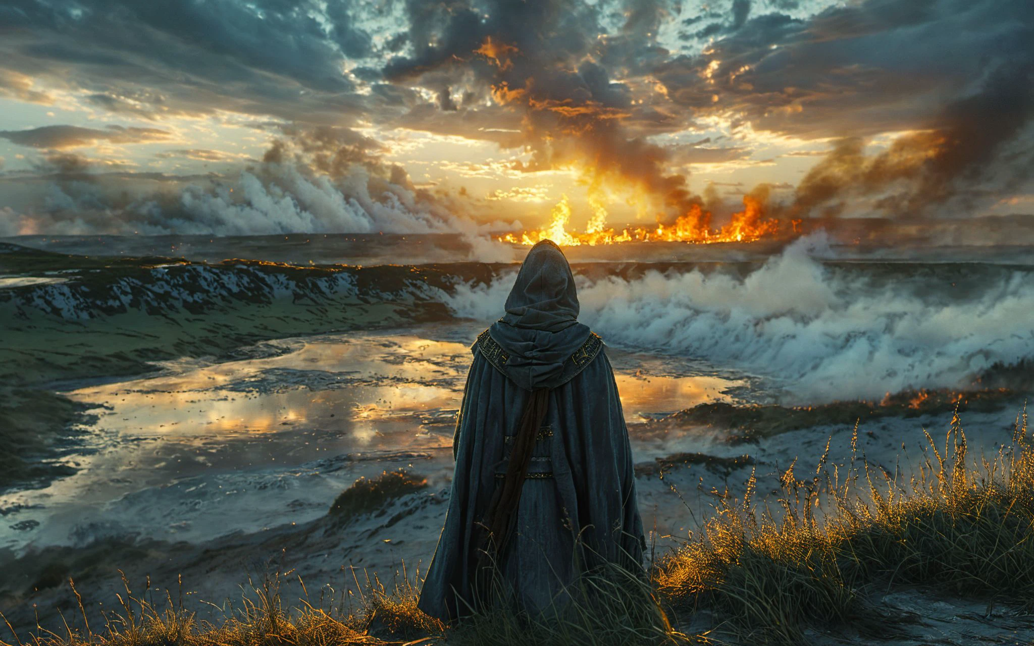 XUER Kingdom of Heaven,solo,1boy,standing,male focus,outdoors,sky,cloud,hood,water,from behind,ocean,cloudy sky,grass,fire,scenery,cloak,1other,sunset,horizon,facing away,
<lora:绪儿 天国王朝 XUER Kingdom of Heaven:0.8>,
highly detailed,ultra-high resolution,32K UHD,sharp focus,best-quality,masterpiece,