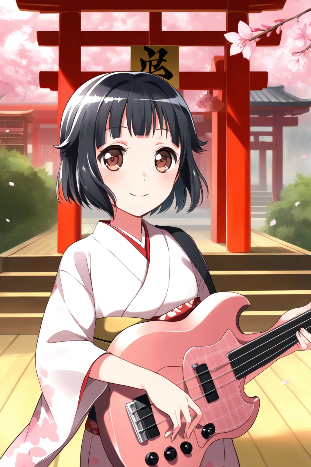 core_9,score_8_up,score_7_up,score_6_up,source_anime,
<lora:rmii_v1:1>,(Ushigome Rimi:1.2),rmii,short hair,black hair,brown eyes,kimono,Hold a musical instrument,solo,
outdoors,shrine,smile,A pink bass,Cherry blossom petal,