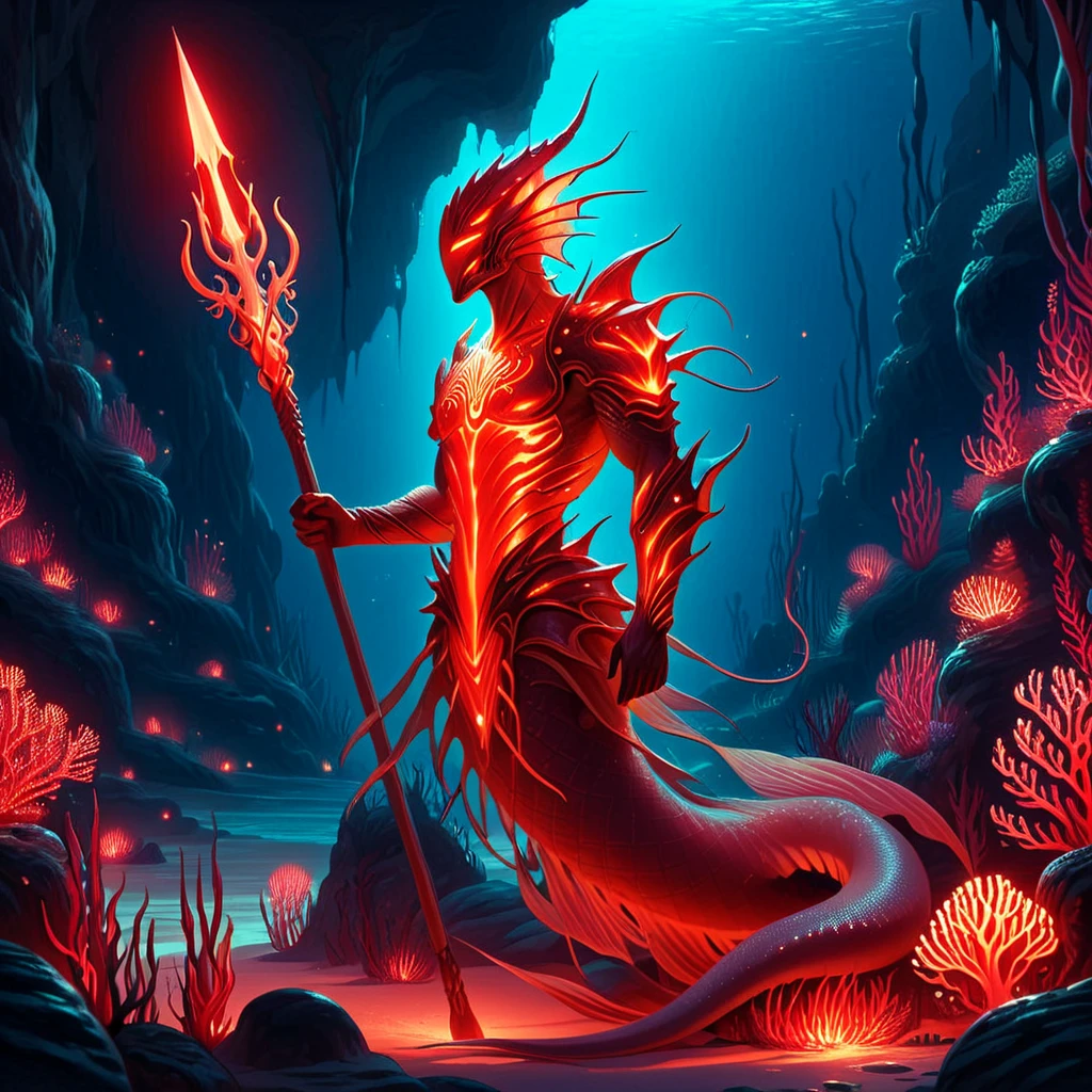 benthic merfolk, 1man, beautiful, red glow, holding a spear, red color theme, cartoon