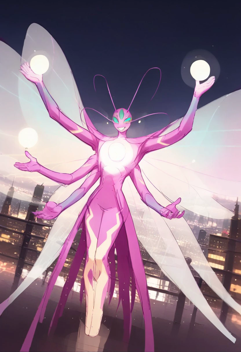 BREAK score_9, score_8_up, score_7_up, source_anime, (seen from afar), 1girl, gimmi_reality, anthro, pink skin, 4 wings, 5 eyes, turquoise eyes, 4 antennas, 6 hands, day, (city ​​in the background),