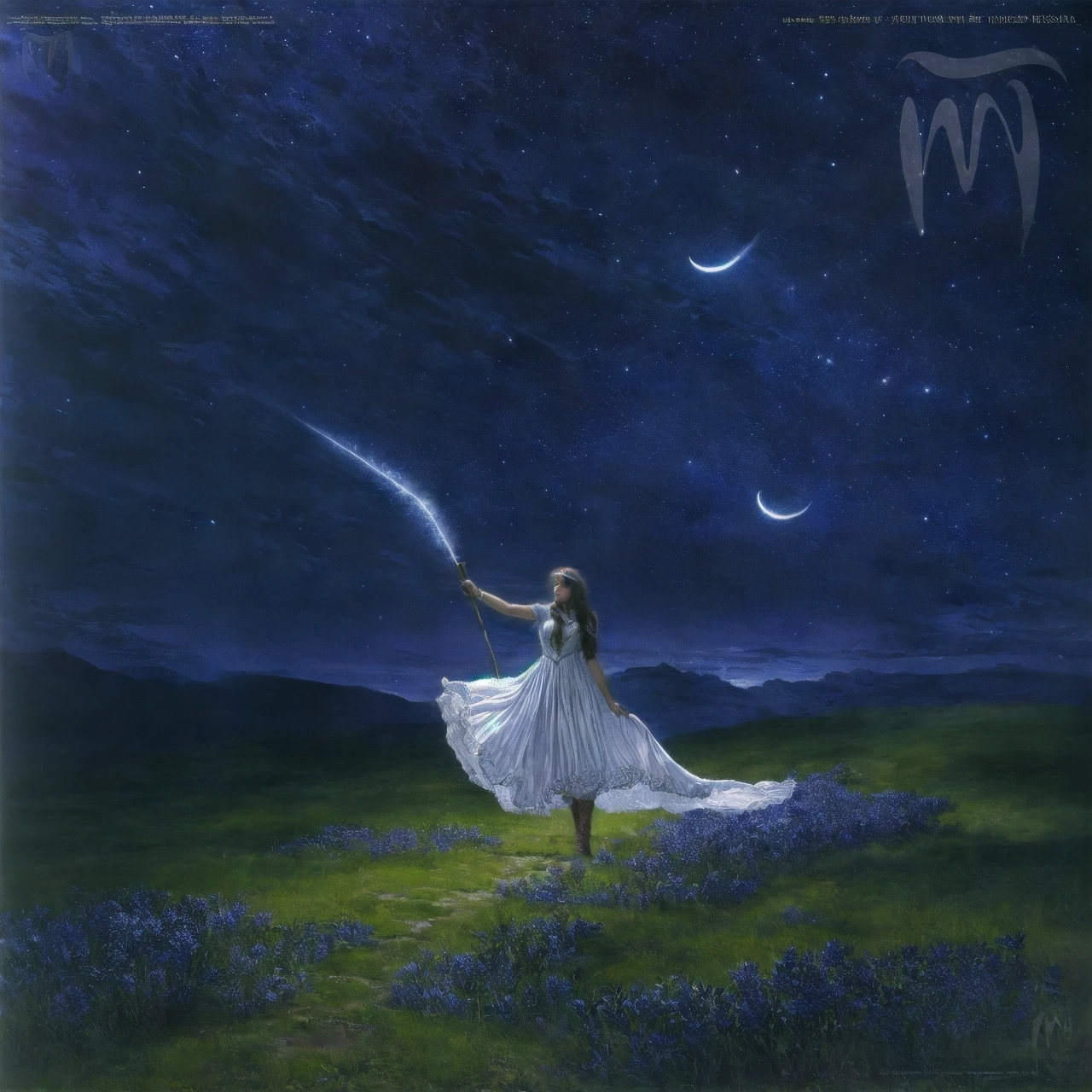 Role-playing game (RPG) style fantasy 1girl, white dress, field, star \(sky\), night, <lora:TedNasmithStylelap:1>, tednasmith, high quality, highres, masterpiece, best quality, 8k, intricate, detailed, <lora:add_detail:0.6> . Detailed, vibrant, immersive, reminiscent of high fantasy RPG games