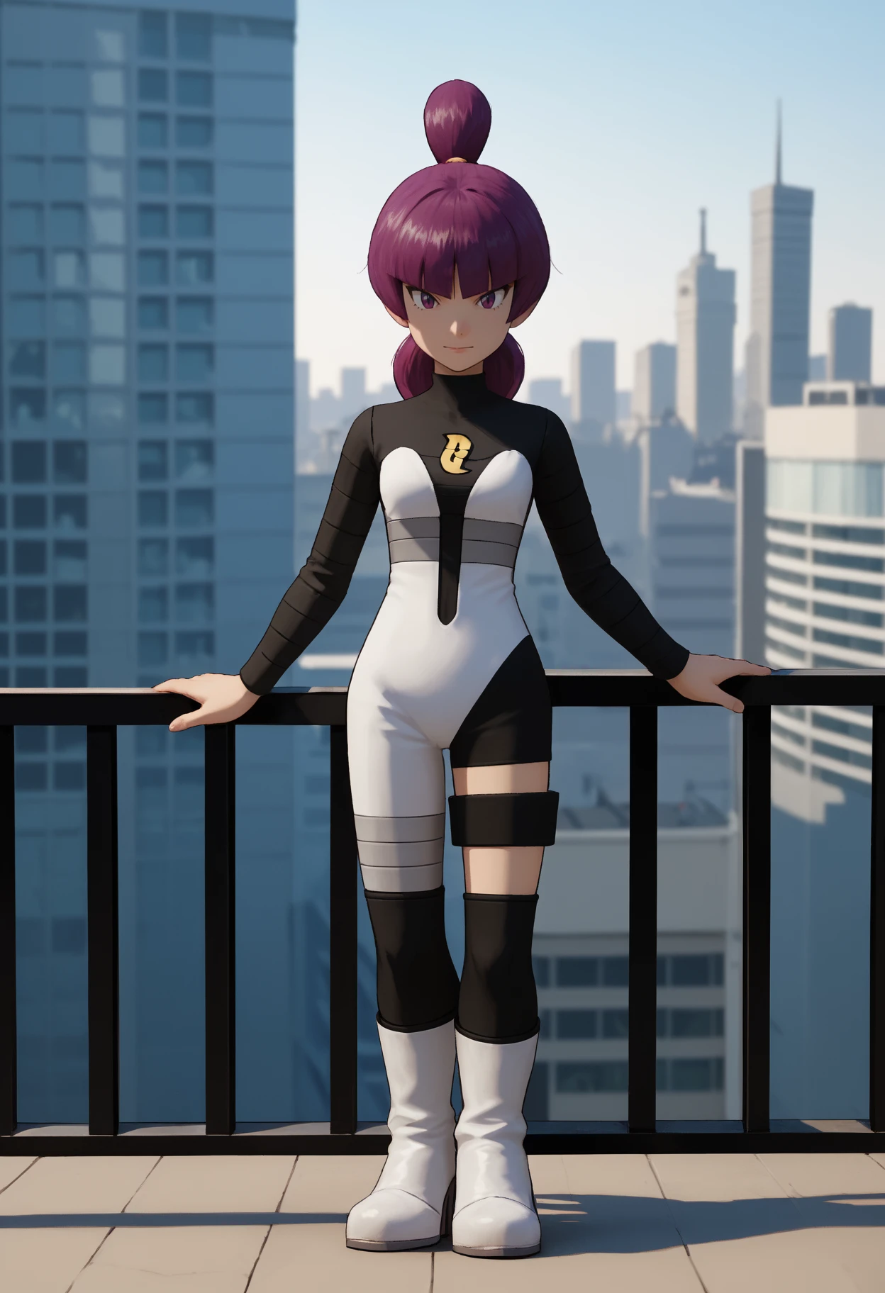 score_9, score_8_up,score_7_up, source_anime, 1girl, solo, <lora:Jptr_pdxl_EliPot:1>, gingadanjupiter, purple hair, purple eyes, medium hair,
two-tone bodysuit, knee boots, white footwear, long sleeves, high heels, asymmetrical clothes, asymmetrical legwear,
standing, leaning, against railing, railing, 
at the balcony, city view,