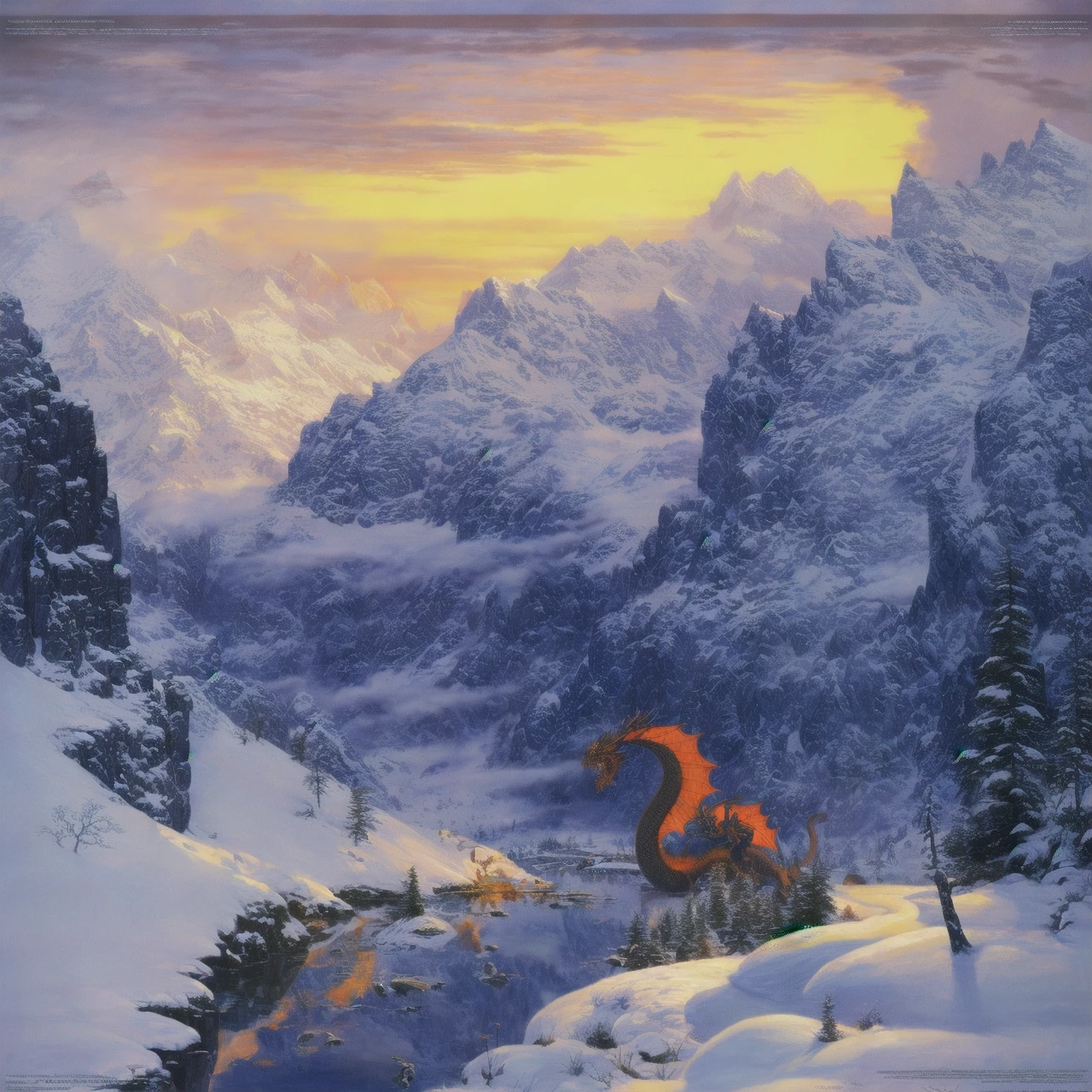 dragon, the lord of the rings, mountain, snow, <lora:TedNasmithStylelpr:0.75>, tednasmith, high quality, highres, masterpiece, best quality, 8k, intricate, detailed, <lora:add_detail:0.6>