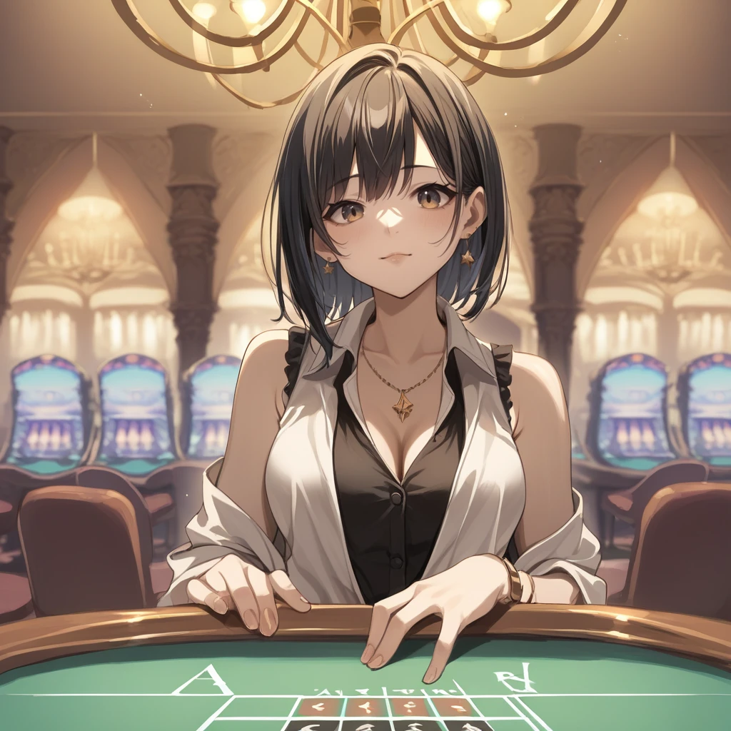 (highres,realistic) A girl dealer with stunning eyes and lips, wearing a sleek dealer uniform, stands confidently in a bustling casino. The scene is bathed in the warm glow of overhead lights, highlighting the vibrant colors of the room. The girl's miniskirt flutters gracefully as she leans against a poker table, revealing her poise and elegance. Her beautiful eyes sparkle with intelligence and her lips curve into a captivating smile. In her hand, she holds a deck of poker cards, expertly fanned out in a display of skill and dexterity. The cards reflect the intricate details of their design, further emphasizing the girl's expertise as a dealer. The atmosphere is filled with the sounds of shuffling cards and the laughter of patrons, adding to the excitement and energy of the casino.