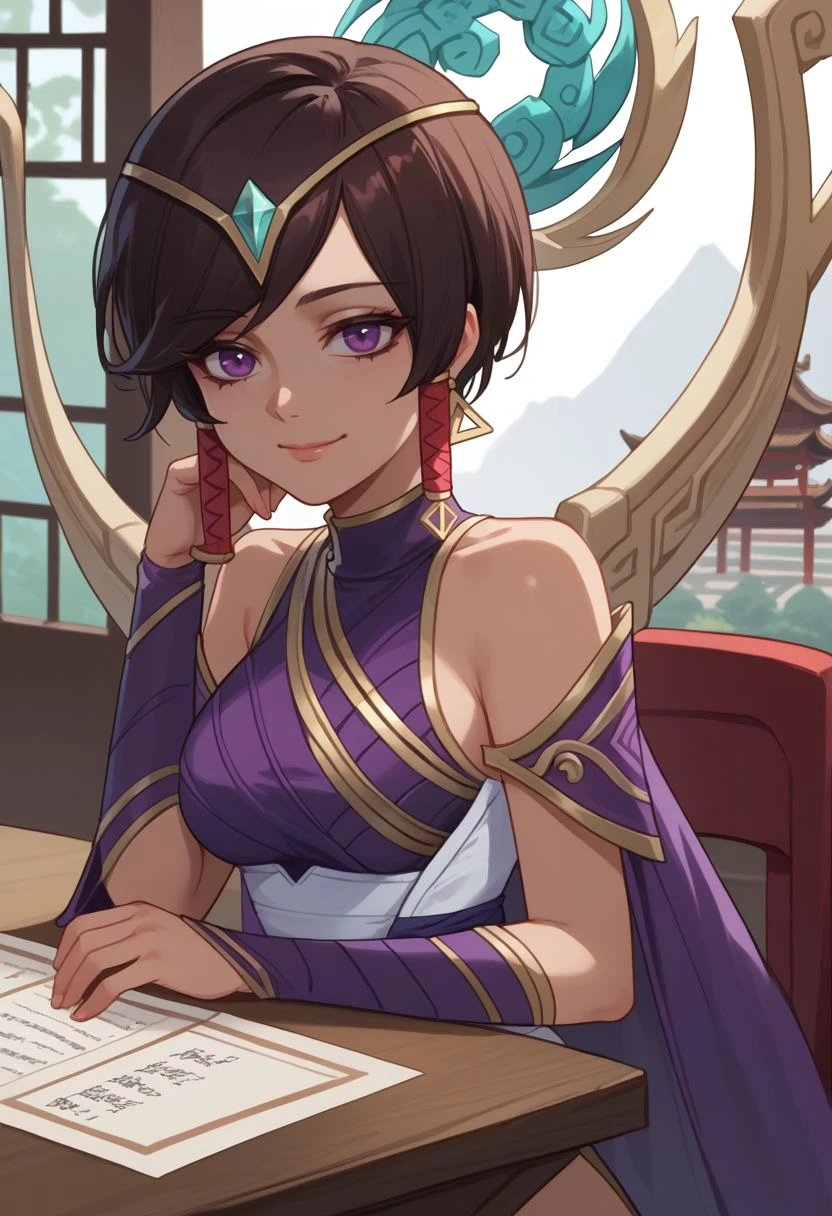 score_9, score_8_up, score_7_up, source_anime, 1girl, karmadef, purple eyes, black hair, brown hair, short hair, dark skin, dark-skinned female, medium breasts, earrings, jewelry, hair tubes, hair ornament, tiara, bare shoulders, purple dress, backless outfit, pelvic curtain, purple thighhighs, single thighhigh, wings, sitting, on chair, table, head rest, smile, closed mouth, looking at viewer, indoors, shrine, portrait, close-up, upper body, facing viewer, <lora:Karma_v1-000010:1>