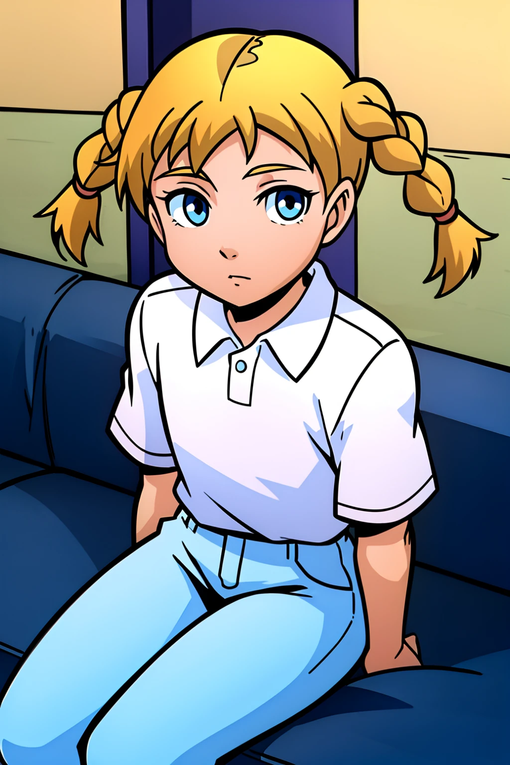 Katie_power ,1girl,solo,sitting,blonde hair,twintails,short twintails,twin braids,blue eyes,white shirt,blue pants,looking at viewer,masterpiece,best quality