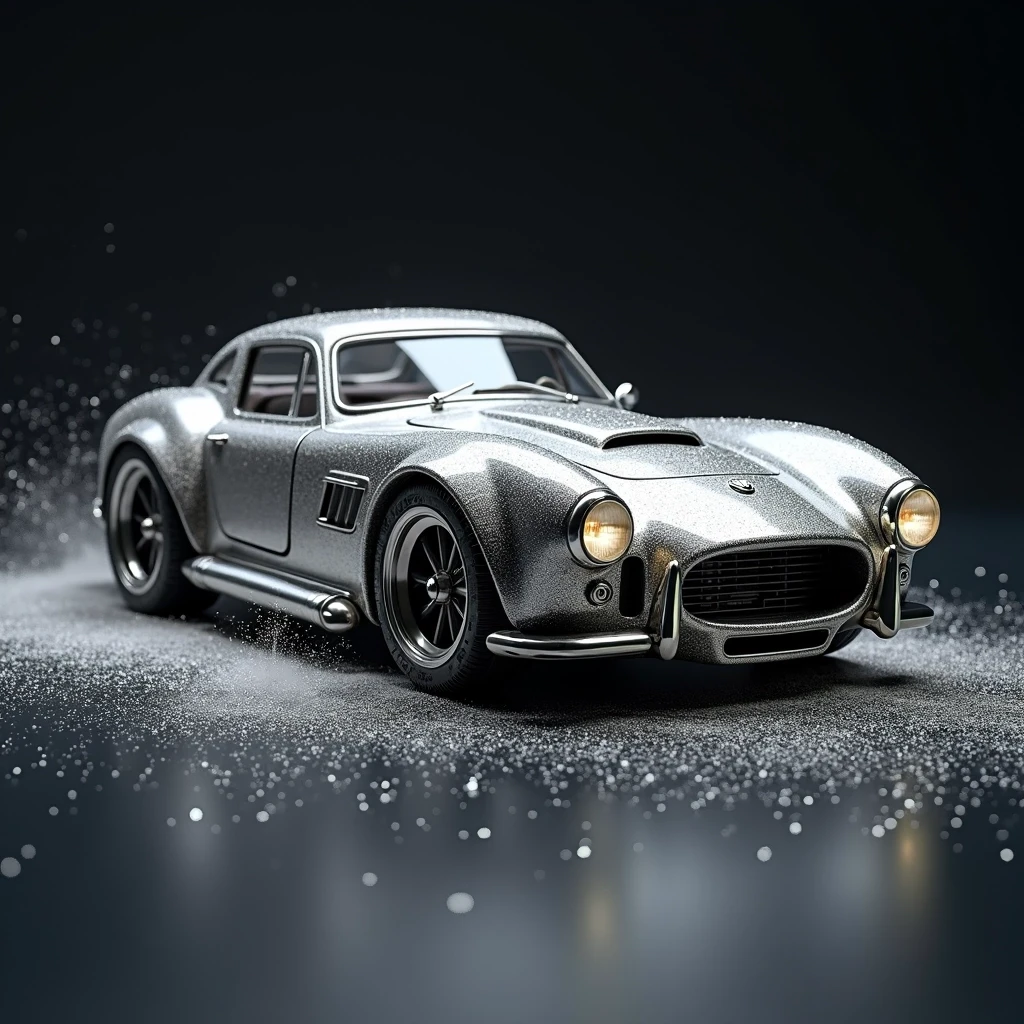 a car made of silver dust particles that looks realistic silver texture with natural lighting.