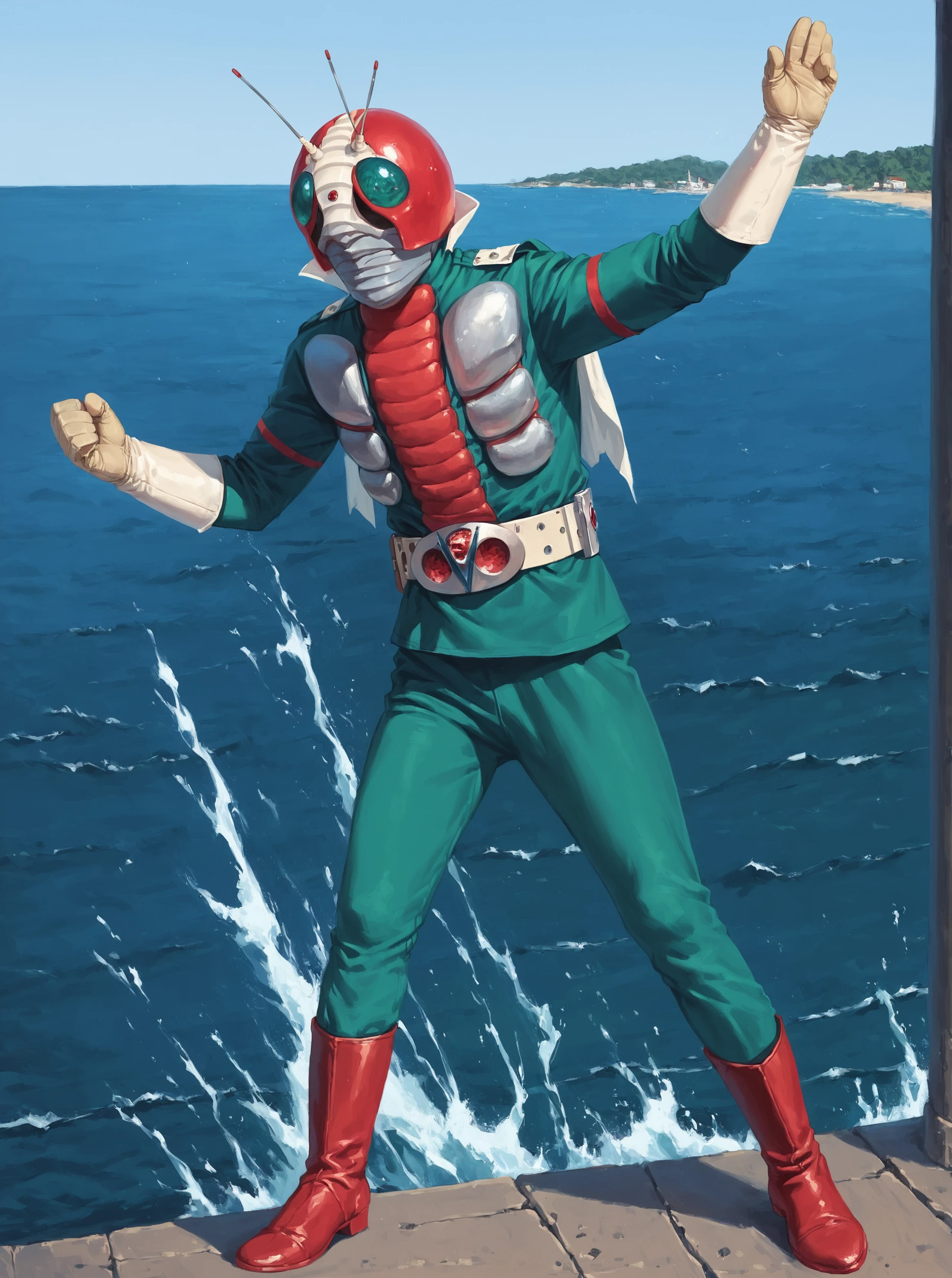 score_9, score_8_up, score_7_up, masterpiece, kamen rider, 1boy, solo, male focus, antennae, belt, boots  outdoor, <lora:sn0wStyle:1> <lora:HKHorrorXL:1> , sea, dynamic pose,  <lora:Kamen_Rider_V3_1973_r1:1>