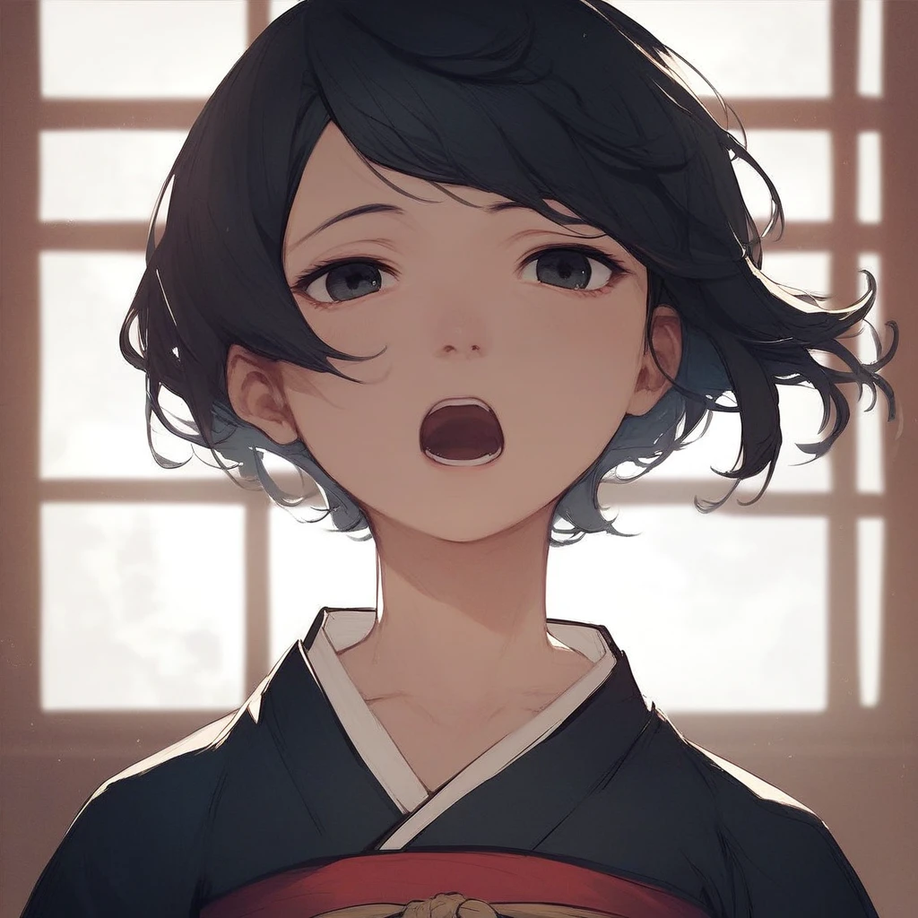 score_9, score_8_up, score_7_up, score_6_up, izana-shinatose, Shidonia-no-Kishi, 1girl, solo, open mouth, short hair, black hair, upper body, japanese clothes, indoors, kimono, sash, window, swept bangs, black kimono, sensitive