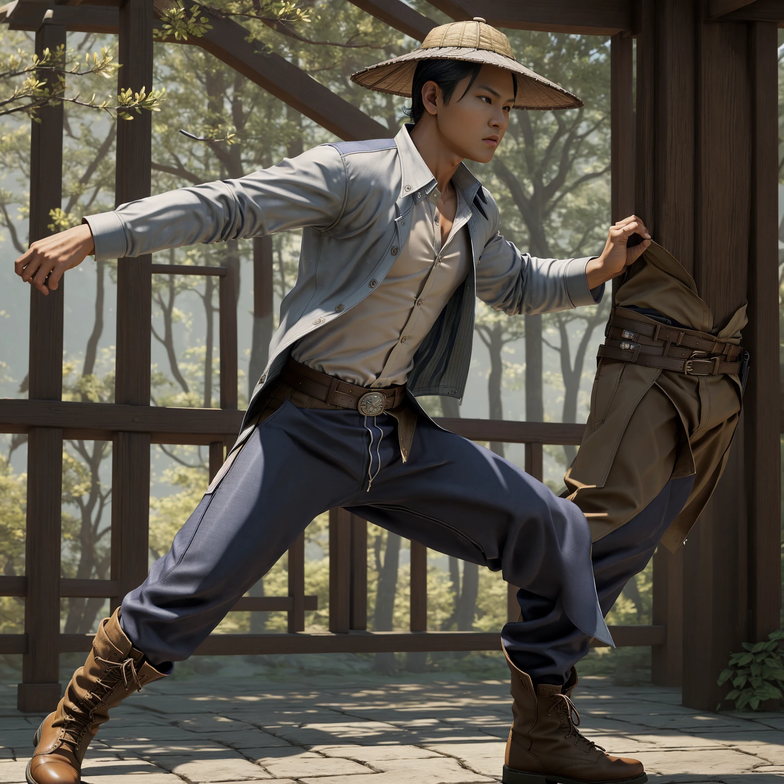 masterpiece, best quality, Mortal Kombat 1 Raiden, solo, shirt, black hair, long sleeves, 1boy, hat, closed mouth, standing, jacket, full body, white shirt, male focus, boots, outdoors, open clothes, day, collared shirt, belt, pants, blurry, open jacket, tree, open shirt, dress shirt, depth of field, blurry background, brown footwear, blue jacket, facing viewer, legs apart, fighting stance, realistic, brown headwear, torii, brown pants  <lora:Mortal_Kombat_Raiden:1>