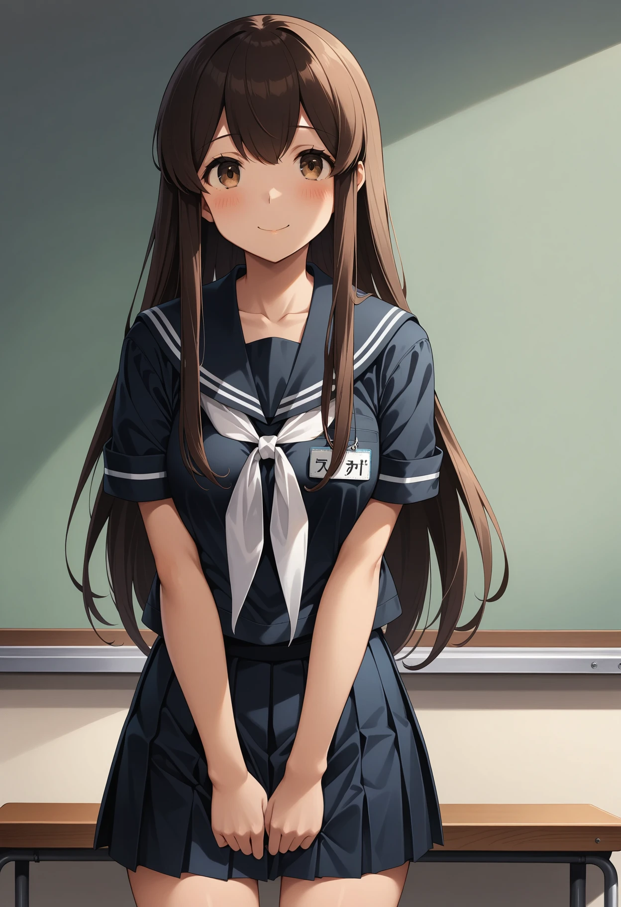 (masterpiece, best quality, very aesthetic, ultra detailed), intricate details, 4k, aaakagi, long hair, brown hair, brown eyes, black serafuku, black sailor collar, white neckerchief, black shirt, name tag, short sleeves, pleated skirt, black skirt, <lora:akagi_(kancolle)_animagine_v1:0.9>, standing, cowboy shot, classroom, v arms, smile