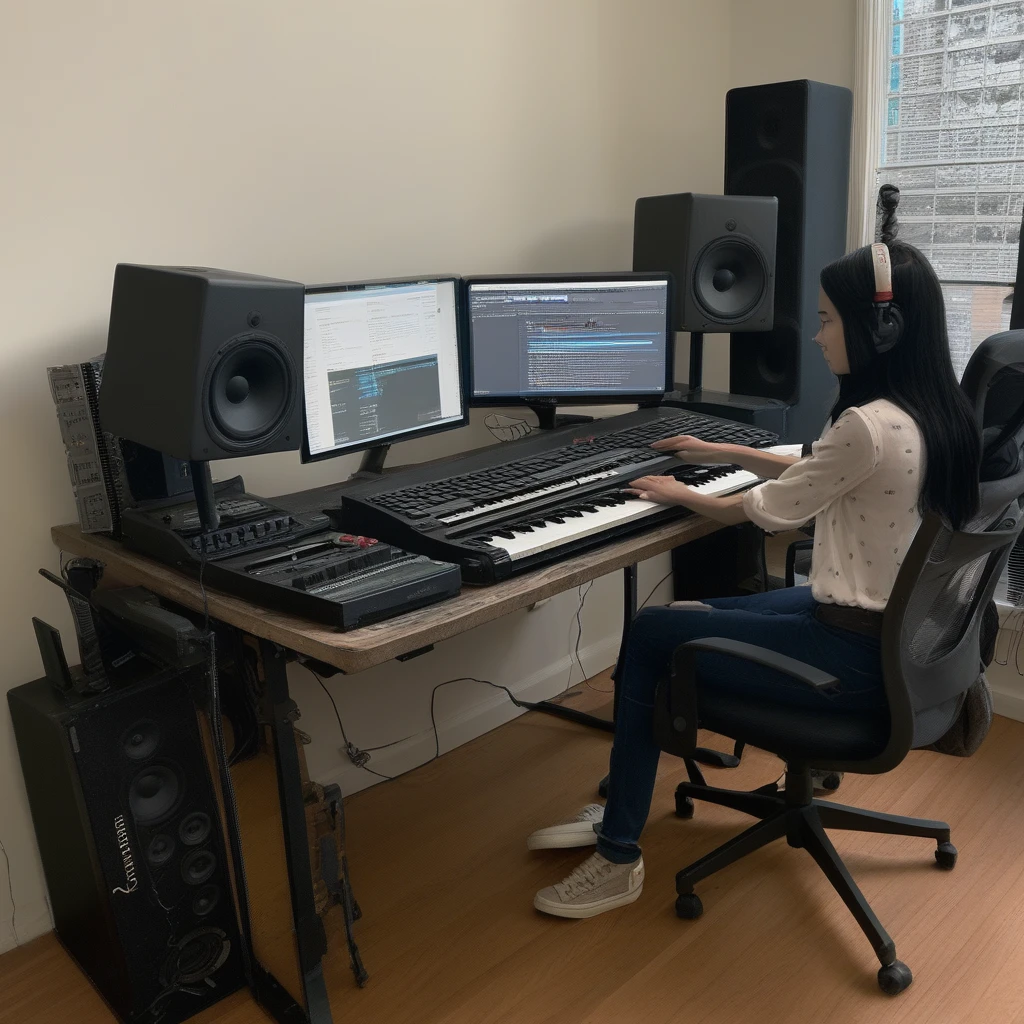 sitting, long hair, keyboard (instrument), desk, mouse (computer), no humans, english text, black hair, computer, speaker