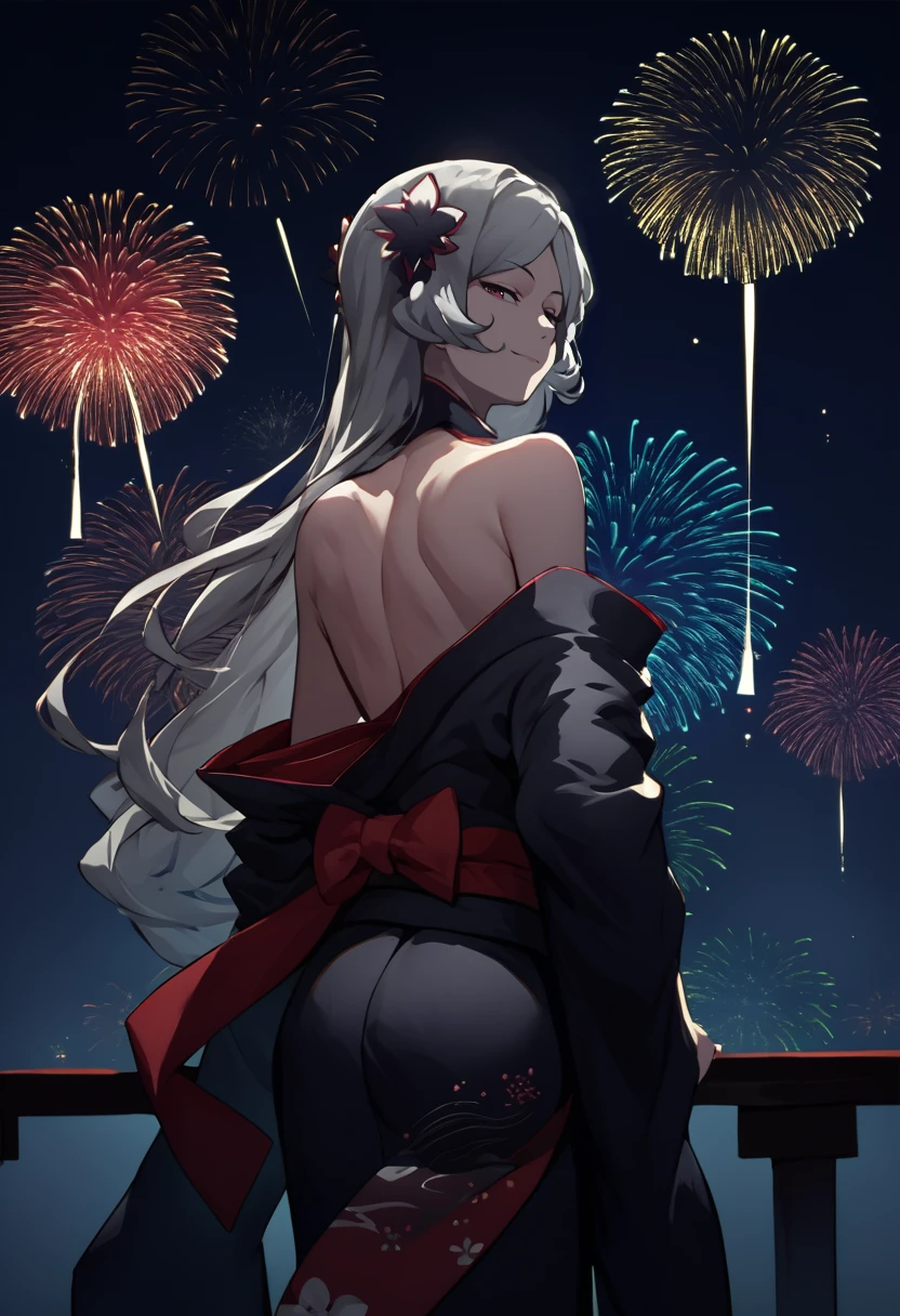 score_9, score_8_up, score_7_up, source_anime, from behind, solo, 1girl, danmachifreya, light smile, looking back, long hair, grey hair, hair ornament, japanese clothes, black kimono, off shoulder, red sash, bare shoulders, fireworks <segment:yolo-face_yolov8m.pt>