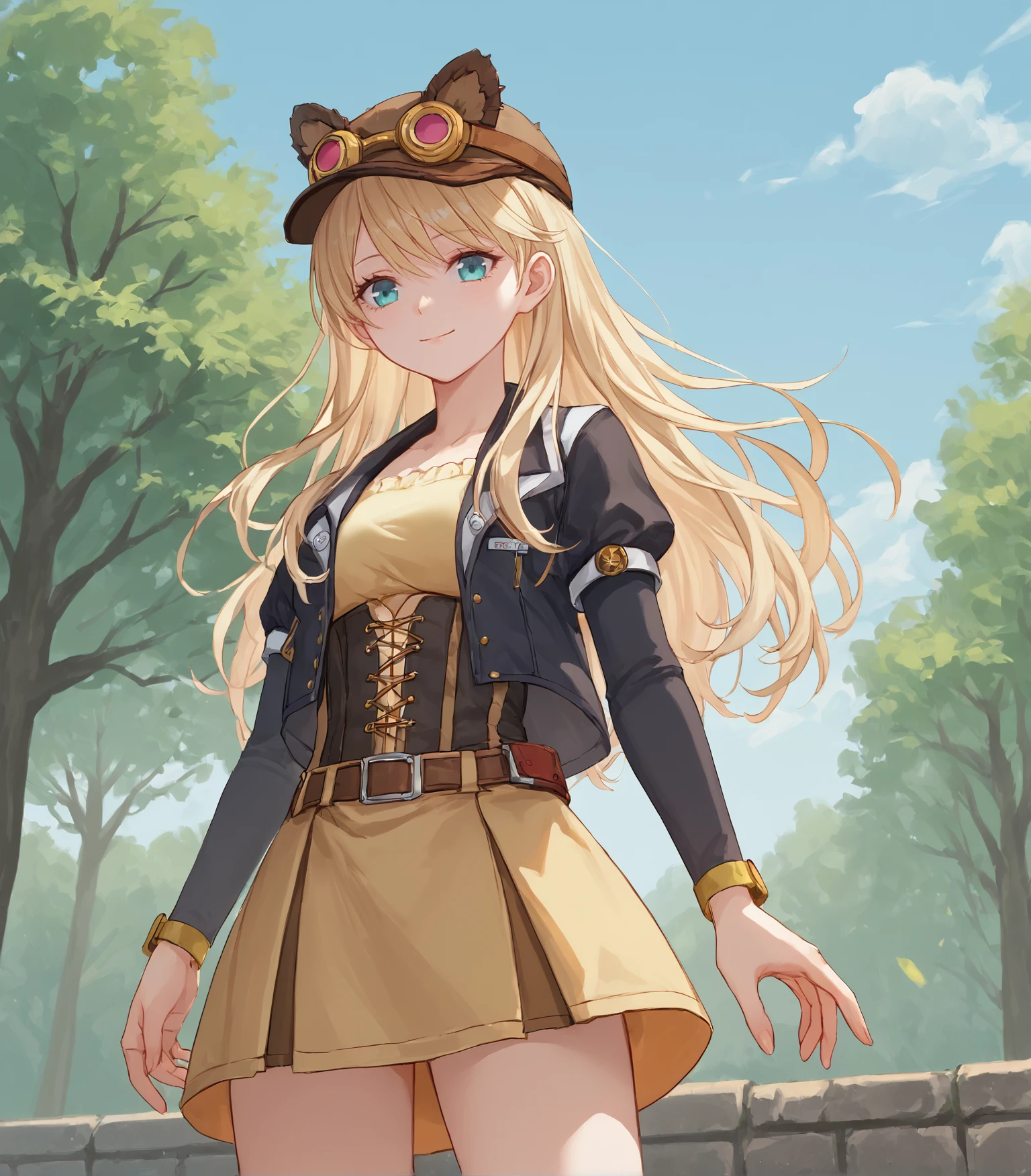 score_9, score_8_up, score_7_up, score_6_up, score_5_up, score_4_up, BREAK source_anime,
1girl, solo,  cowboy shot ,  looking at viewer, smile, outdoors, sky, trees,
<lora:pottsness_style_xl:0.9>, <lora:rhasta:0.6>, 
 <lora:LavianWinslet:0.9>, Lavian Winslet, long hair, blonde hair, aqua eyes, aqua eyes, brown hat, fake animal ears, goggles, black jacket, corset, yellow shirt, yellow skirt, red shoes,