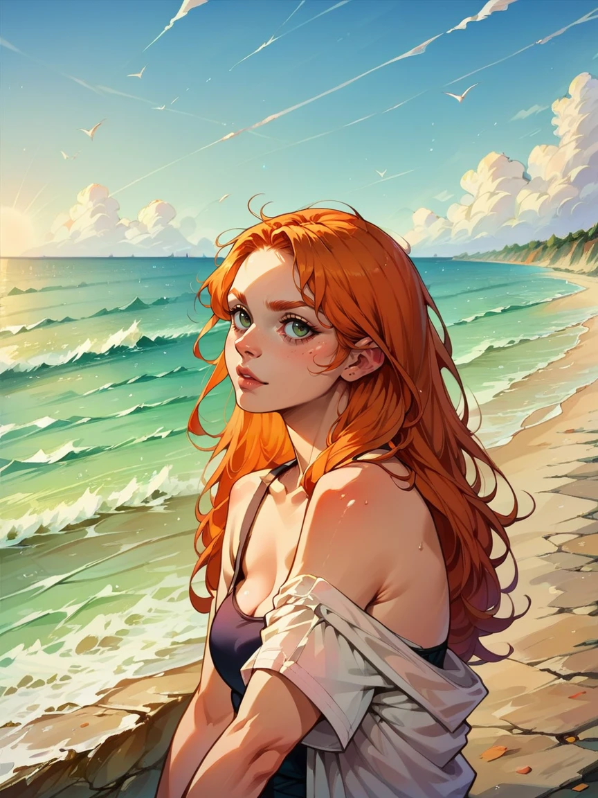 score_9, score_8_up, score_7_up, score_6_up, score_5_up,   <lora:1mg1mgXLP:1> 1mg1mg, 1girl, ginger hair, ocean