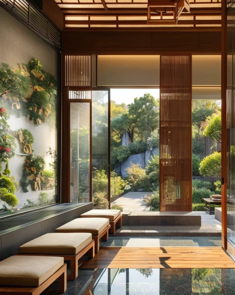 architecture, no humans, scenery,indoors, corridor, bathroom, water pool, no humans, scenery, architecture, wooden bench, wooden floor, couch, east asia architecture, Chinese architecture, <lora:Chinese Home Interior V3:1>,masterpiece,full detail, modern,LAOWANG,afternoon,sunset