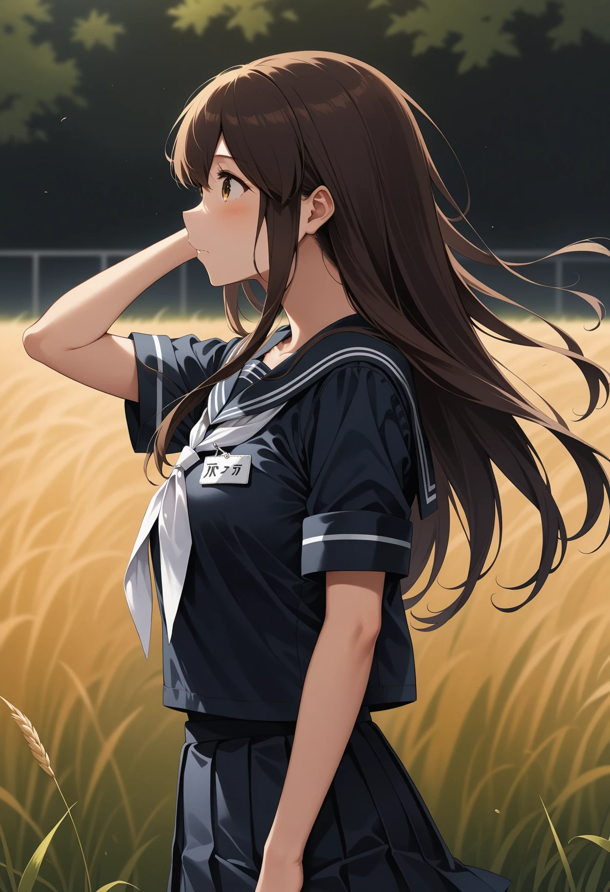 (masterpiece, best quality, very aesthetic, ultra detailed), intricate details, 4k, aaakagi, long hair, brown hair, brown eyes, black serafuku, black sailor collar, white neckerchief, black shirt, name tag, short sleeves, pleated skirt, black skirt, <lora:akagi_(kancolle)_animagine_v1:0.9>, hand in own hair, from side, wind, field, looking at another, standing, cowboy shot, solo