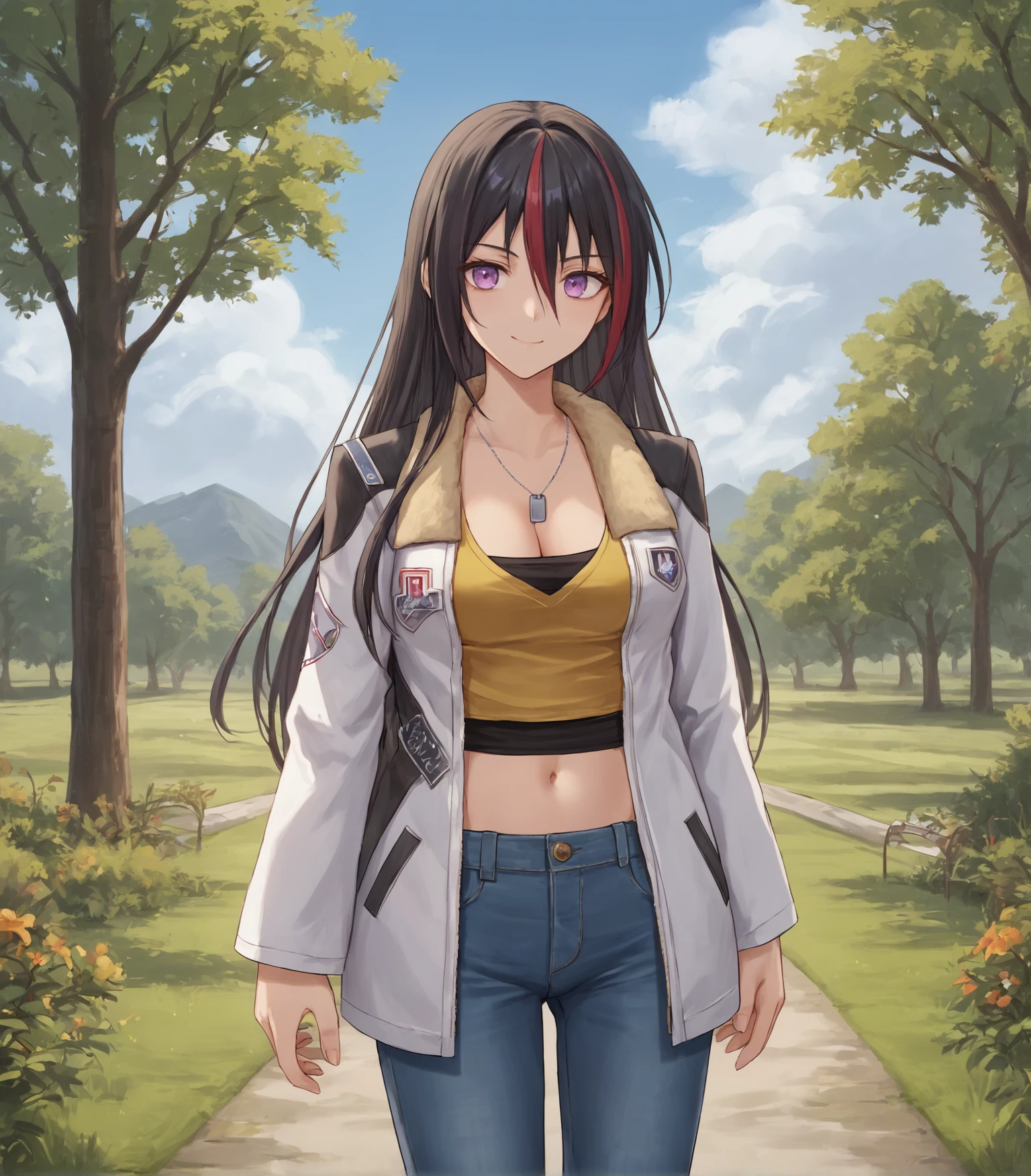 score_9, score_8_up, score_7_up, score_6_up, score_5_up, score_4_up, BREAK source_anime,
1girl, solo,  cowboy shot ,  looking at viewer, smile, outdoors, sky, trees,
 <lora:Hermes:0.9>, Hermes, black hair, streaked hair, red hair, long hair, purple eyes, medium breasts, white jacket, fur-trimmed jacket, long sleeves, dog tags, cleavage, yellow shirt, midriff, navel, jeans, white boots,