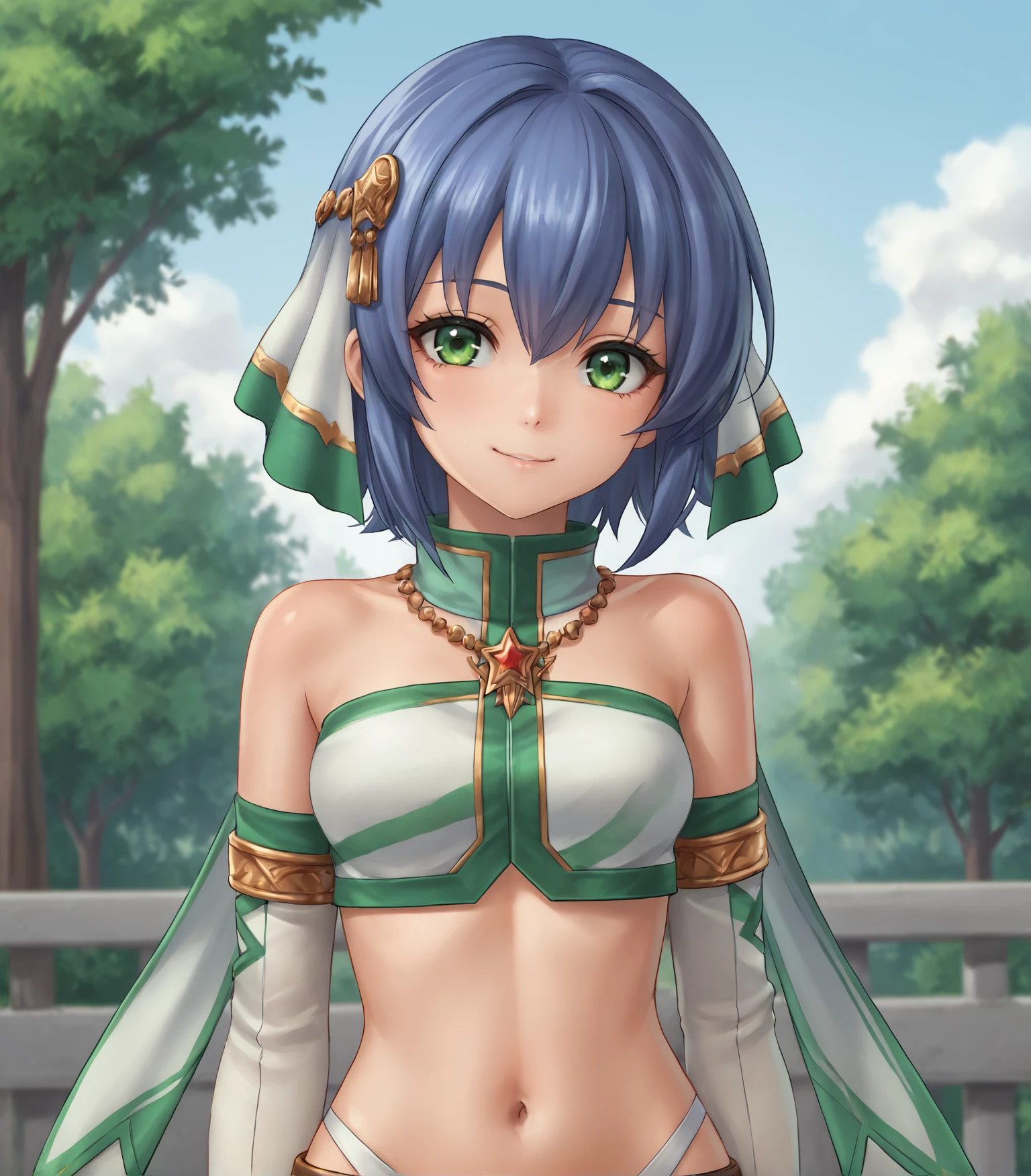 score_9, score_8_up, score_7_up, score_6_up, score_5_up, score_4_up, BREAK source_anime,
1girl, solo,  upper body, portrait ,  looking at viewer, smile, outdoors, sky, trees,
<lora:Racoonkun_Artist_Style:0.6>, racoonsan 
 <lora:SullyDancer:0.9>, Sully Atraid, blue hair, short hair, green eyes, petite, medium breasts, hair ornament, white thighhighs, white boots, high heels, white tube top, white miniskirt, highleg panties, white gloves, navel, midriff, bare shoulders, jewelry, necklace, bracelet