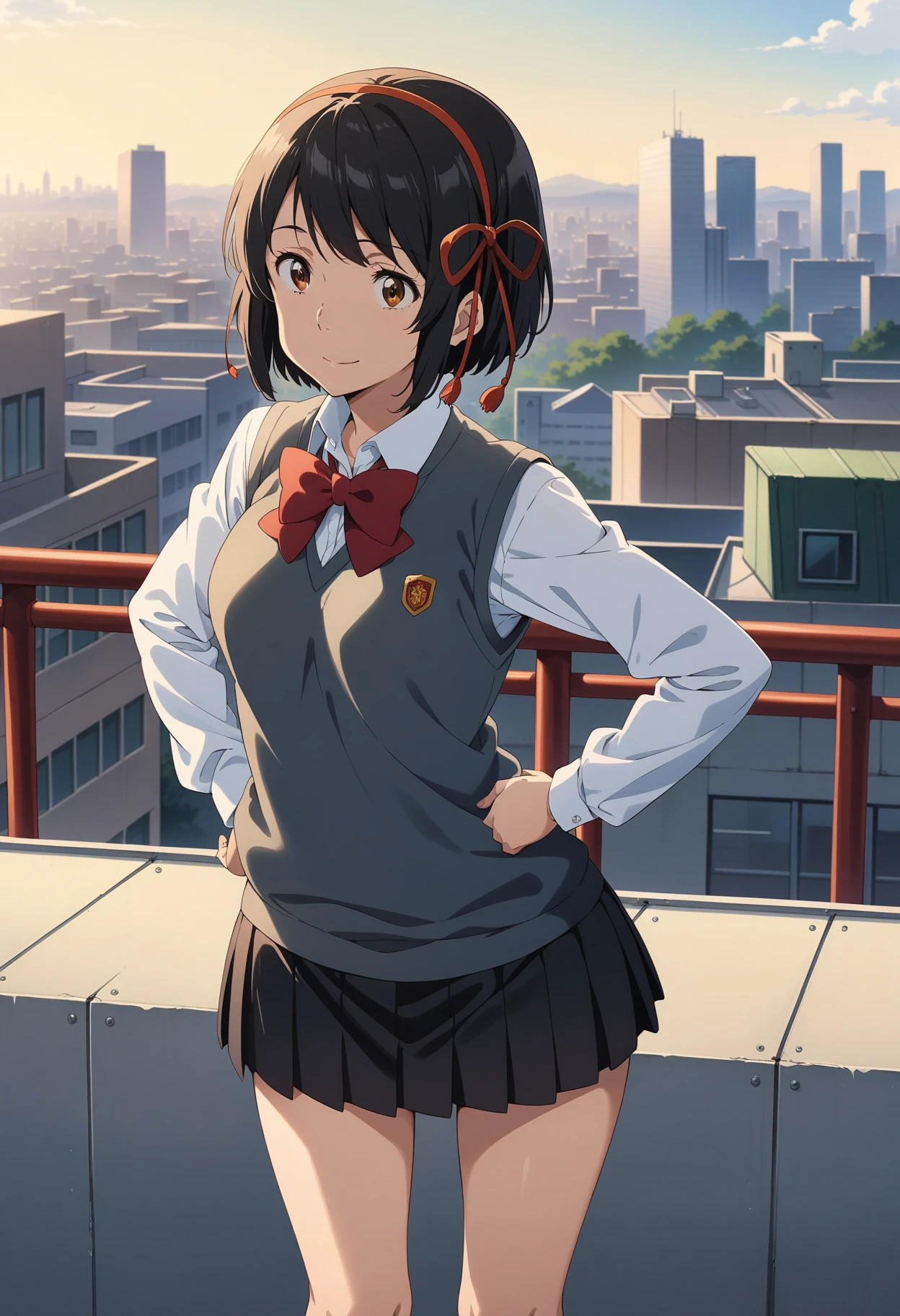 (masterpiece, best quality, very aesthetic, ultra detailed), intricate details, 4k, bbmitsuha, short hair, black hair, red hairband, hair ribbon, brown eyes, school uniform, red bowtie, collared shirt, white shirt, sweater vest, long sleeves, pleated skirt, black skirt, <lora:miyamizu_mitsuha_animagine_v1:0.9>, rooftop, sky, city, standing, smile, hands on own hips,