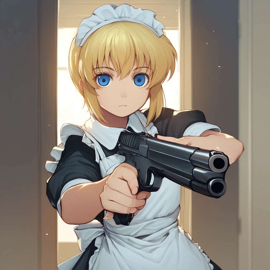 score_9, score_8_up, score_7_up, score_6_up,Rico, Gunslinger-Girl, 1girl, solo, looking at viewer, short hair, blue eyes, blonde hair, holding, upper body, weapon, indoors, holding weapon, apron, gun, maid, maid headdress, holding gun, handgun, door, aiming, aiming at viewer, sensitive