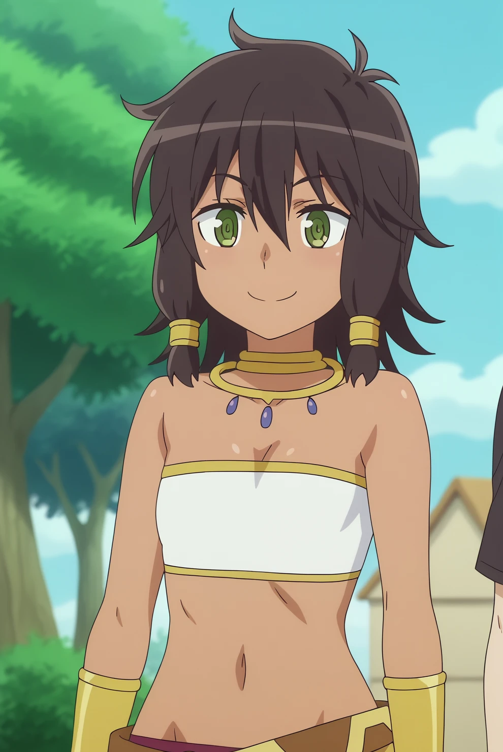 (masterpiece), (best quality), (ultra-detailed),(best shadow:0.7), (best illustration), (an extremely delicate and beautiful), photorealistic, finely detail, 1girl, detailed scenery, ancient bronze ruins, cloudy sky, (feet out of frame), finely detailed iris, dark green eyes, finely detailed hair, disheveled hair, smile, smug, necklace,  peace sign, standing, bracelet, (jewelry:0.7), perspective, blush, nose blush, (nude), flat chest, strapless tube top, anklet, dark skin,