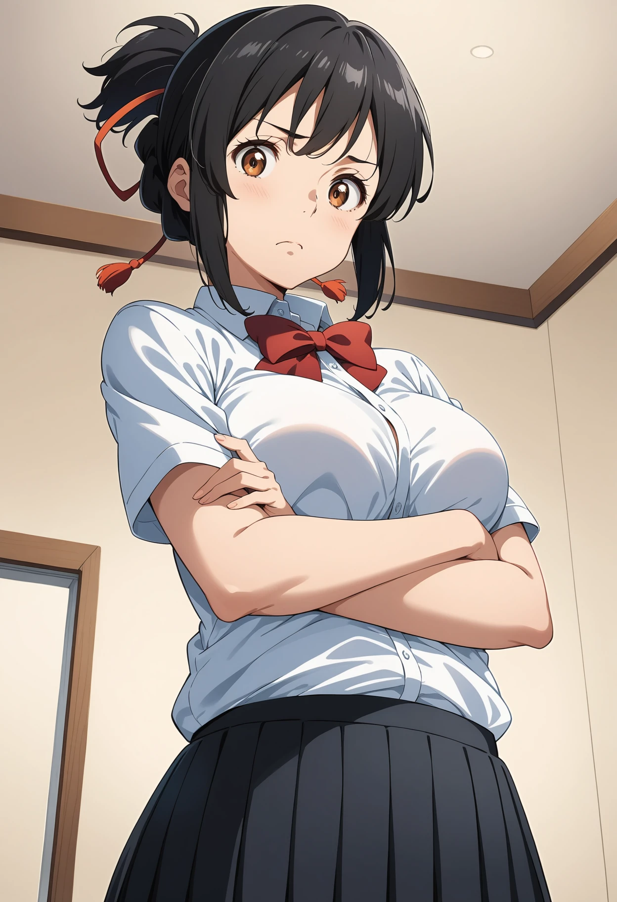 (masterpiece, best quality, very aesthetic, ultra detailed), intricate details, 4k, aamitsuha, black hair, short ponytail, hair ribbon, brown eyes, school uniform, red bowtie, collared shirt, white shirt, short sleeves, pleated skirt, black skirt, <lora:miyamizu_mitsuha_animagine_v1:0.9>, (from below:1.2), crossed arms, standing, cowboy shot, indoors, frown, looking at viewer,