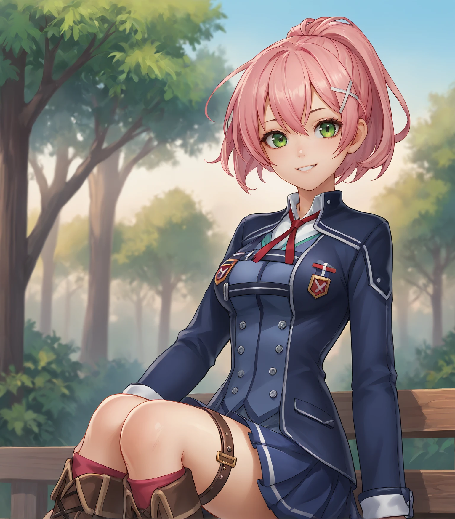 score_9, score_8_up, score_7_up, score_6_up, score_5_up, score_4_up, BREAK source_anime,
1girl, solo,  upper body, portrait ,  looking at viewer, smile, outdoors, sky, trees,
<lora:Racoonkun_Artist_Style:0.6>, racoonsan 
 <lora:JunaCrawfordThors:0.9>, Juna Crawford, pink hair, ponytail, X hair ornament, green eyes, medium breasts, school uniform, blue blazer, blue skirt, red ribbon, knee boots, thigh belt,