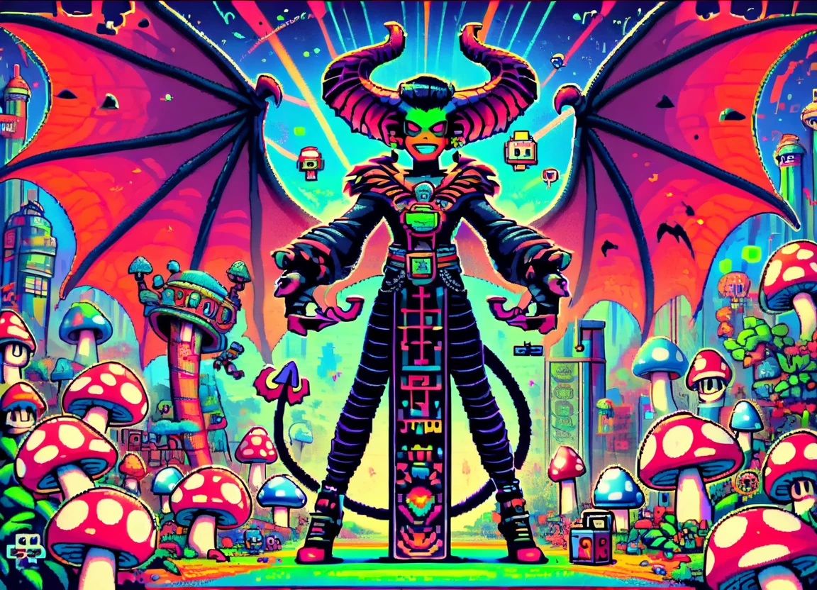 DonMShr00mK1ngd0mXL mushroom city, score_9, score_8_up, score_7_up, score_6_up, pixelart, nessie, demonic malevolent figure, horns, wings, tail, humanoid appearance, deceit, wickedness, rebellion, religious, mythological, demon, temptation, corrupting influence, malevolent force , rating_safe <lora:DonMShr00mK1ngd0mXL-pony-000006:0.8>