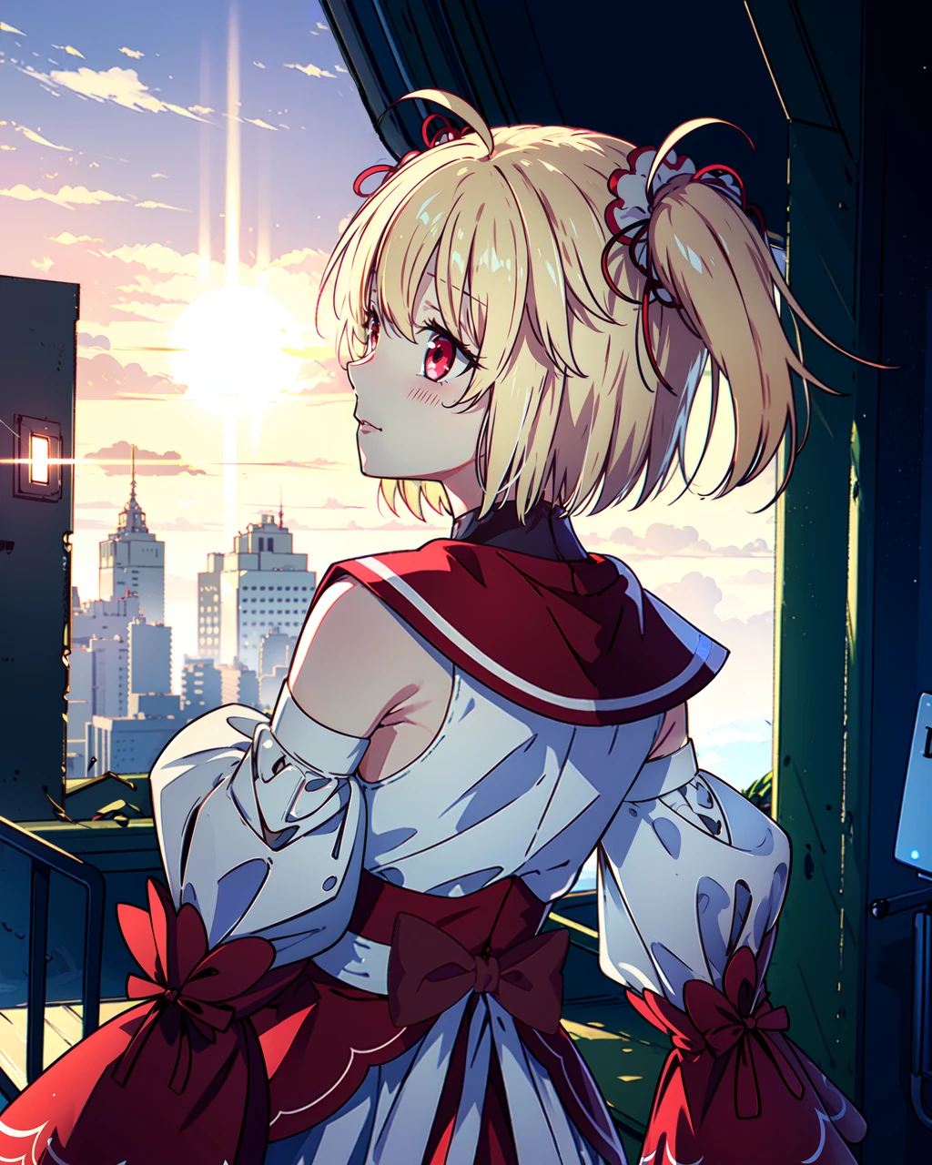 masterpiece, high quality, mgrcayanorika, 1girl, dynamic pose, upper body, medium shot, blonde hair, short twintails, ahoge, red eyes, white with red hairpins, white with red dress, white with red detached sleeves, red and white bowties, red gem on neck, white belt, side view, walking, sad, outdoors, city, street, evening, sunglare, detailed, <lora:mgrcayanorika:0.75>