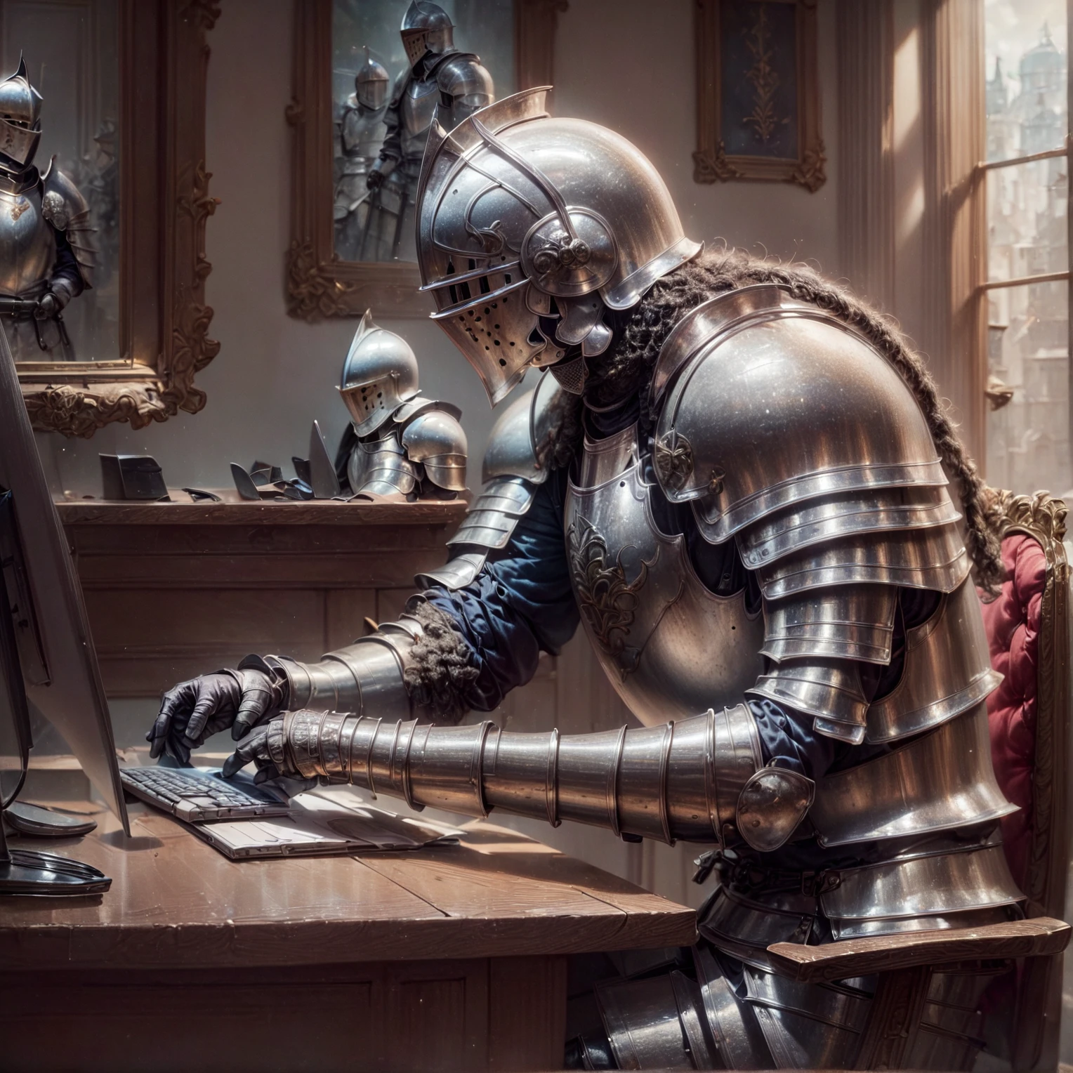 computer, typing on computer, desk, sitting, <lora:Modern_Day_Knights_Pony_XL:1>, modernknight, knight, armor, helmet, armored gloves, BREAK score_9, score_8_up, score_7_up, best quality, masterpiece, 4k, prefect lighting, very aesthetic, anime, zPDXL2