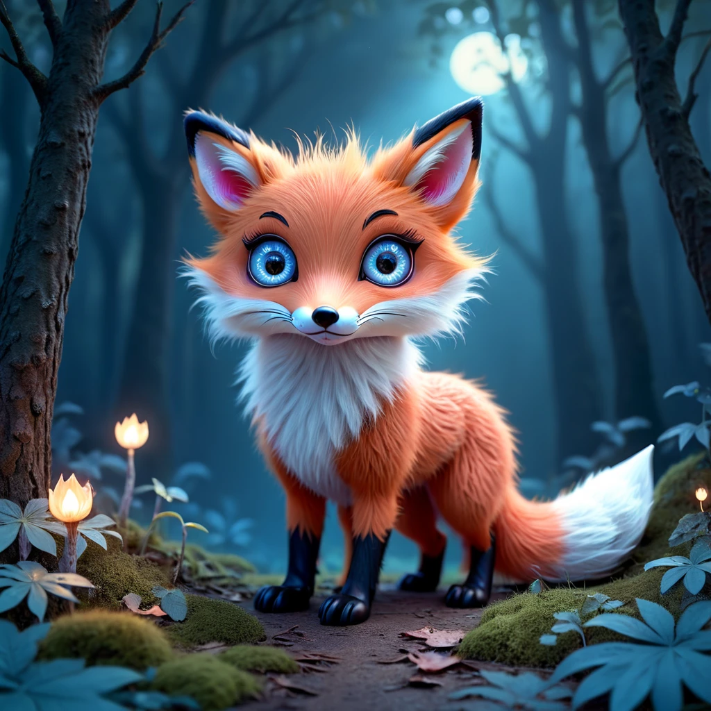 cute furred fox in a dark forest, fantastical, whimsical, cute, big eyes  <lora:Psych-Futurism:1>,pfstyle