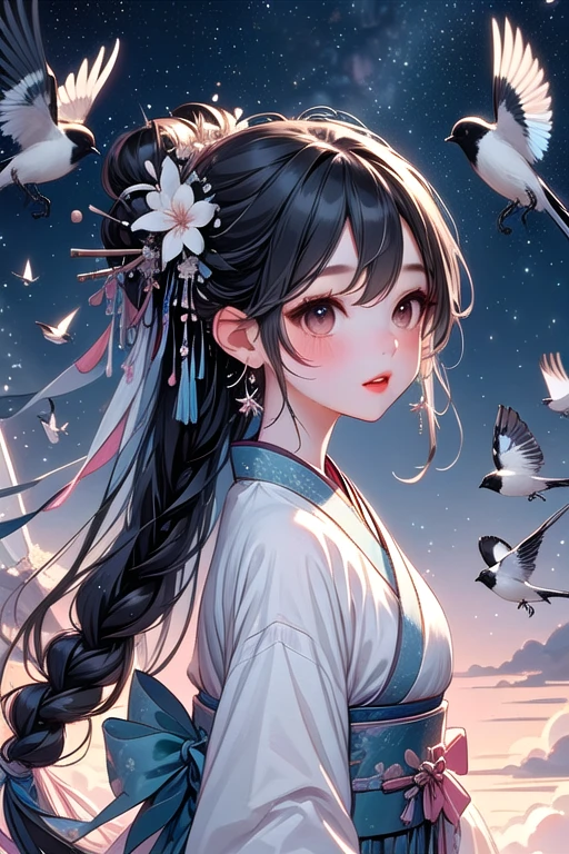 ((magpie bridge)), ((birds flock)), tanabata, hanfu, weaver girl, big tits, long hair, braids, hair flower, hair ornament, necklace, earrings, floating hair, fog, wind, cloud, high sky, starry sky, colorful sky, upper body, close-up, looking at viewer, <lora:girllikemagpiebridge:0.9>